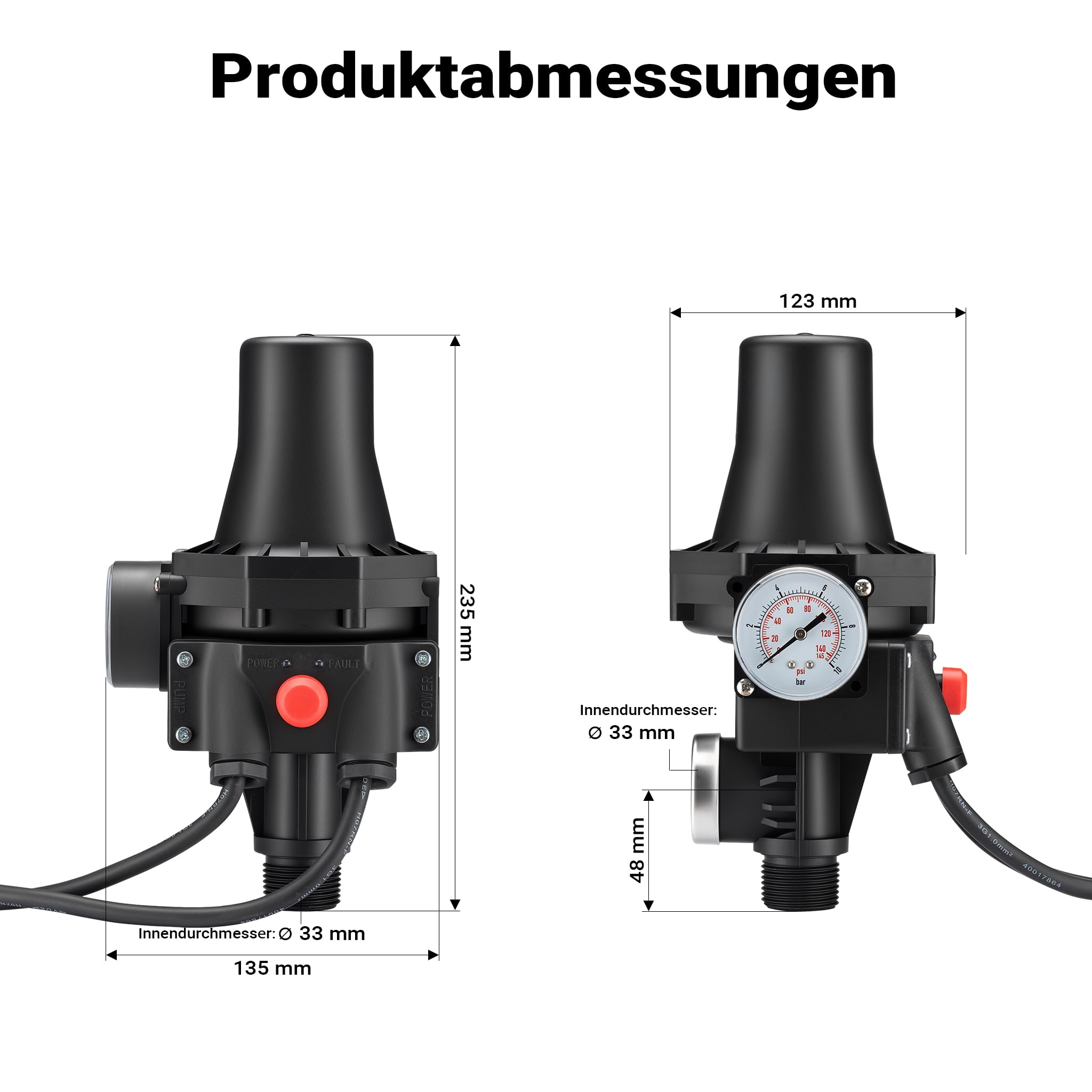 Wiltec Wyłącznik ciśnieniowy SKD-3 do hydroforów i pomp wody 230 V, ochrona przed suchobiegiem IP65, presostat do hydroforu z regulacją ciśnienia