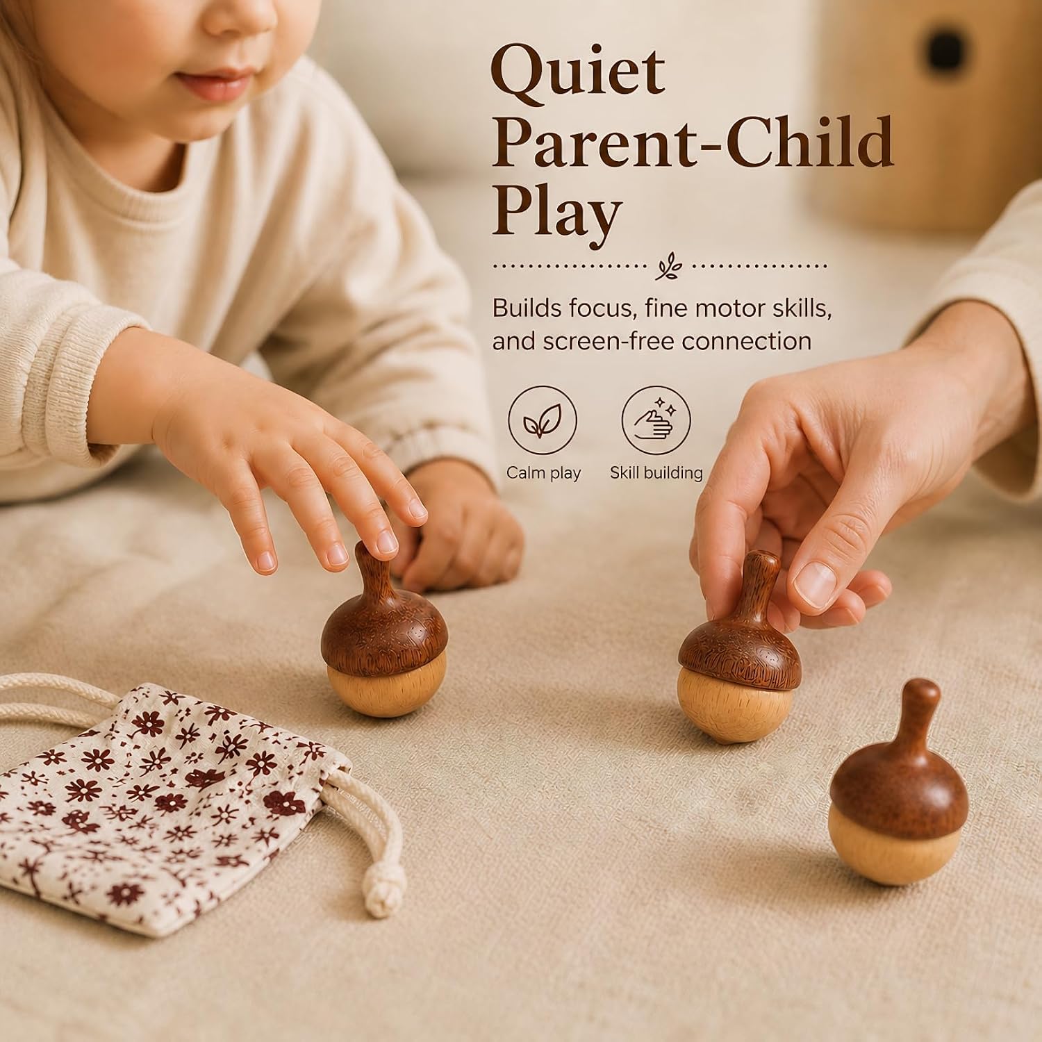 Wooden Spinning Tops Acorn Toy | 3 Pcs Wood Tops Made from Sapele and Beech Hardwood with Cotton Drawstring Storage Bag | Smooth & Safe for Toddlers Skill Play and Travel, Gift-Ready