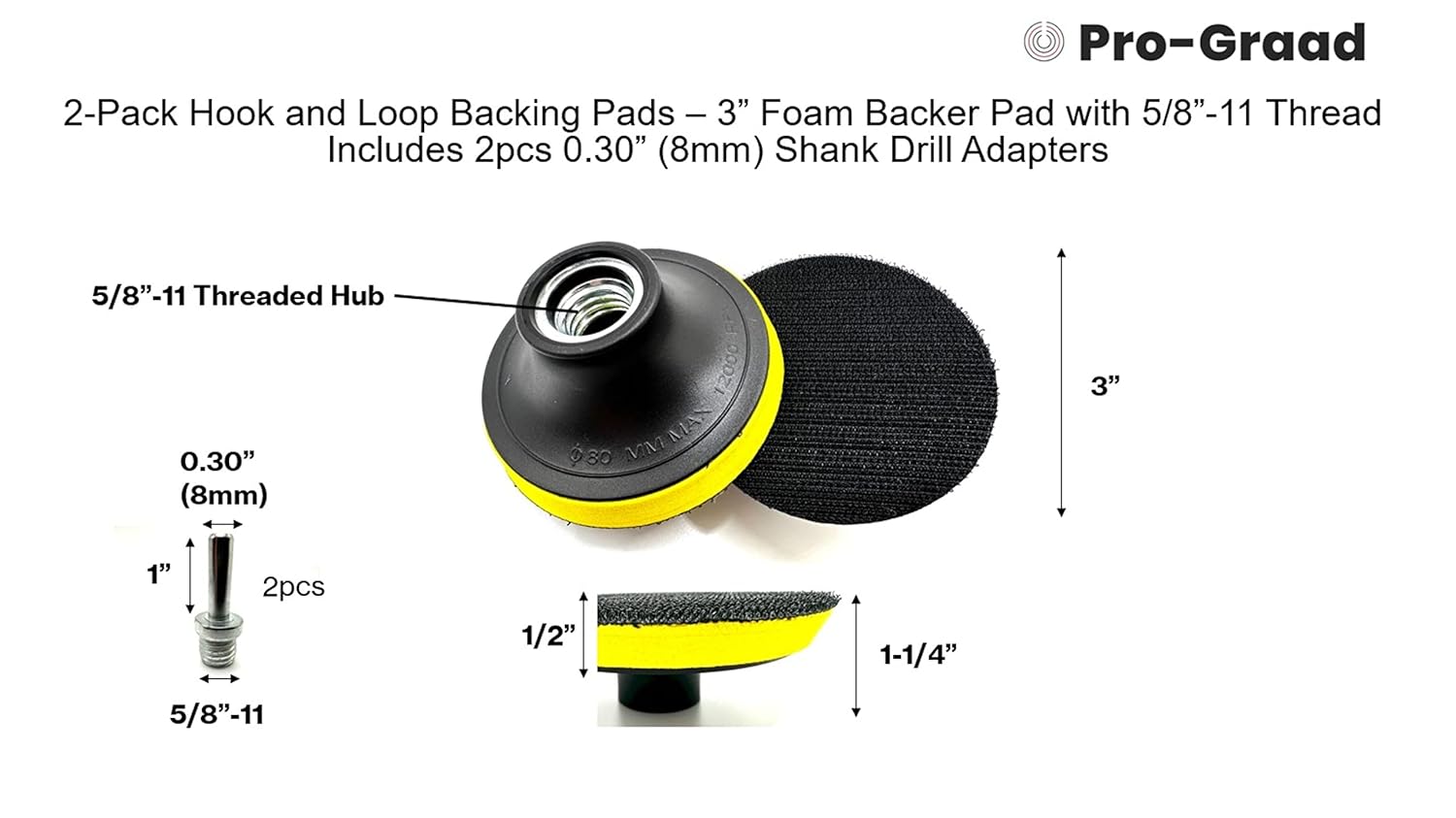 2 Pack 3" Hook and Loop Backing Pads Foam Backer Pad with 5/8”-11 – 3 inch Backup Pads for use with Angle Grinder or Drill Sanding Polishing Discs – Includes 2pcs 0.30” (8mm) Shank Adapters