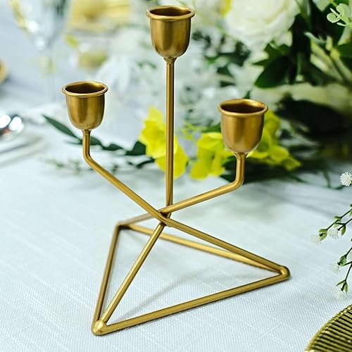 Miniatura 3 de Efavormart - Juego de 2 candelabros geométricos de metal dorado de 3 brazos con base triangular para fiestas de cumpleaños, eventos, 7 pulgadas