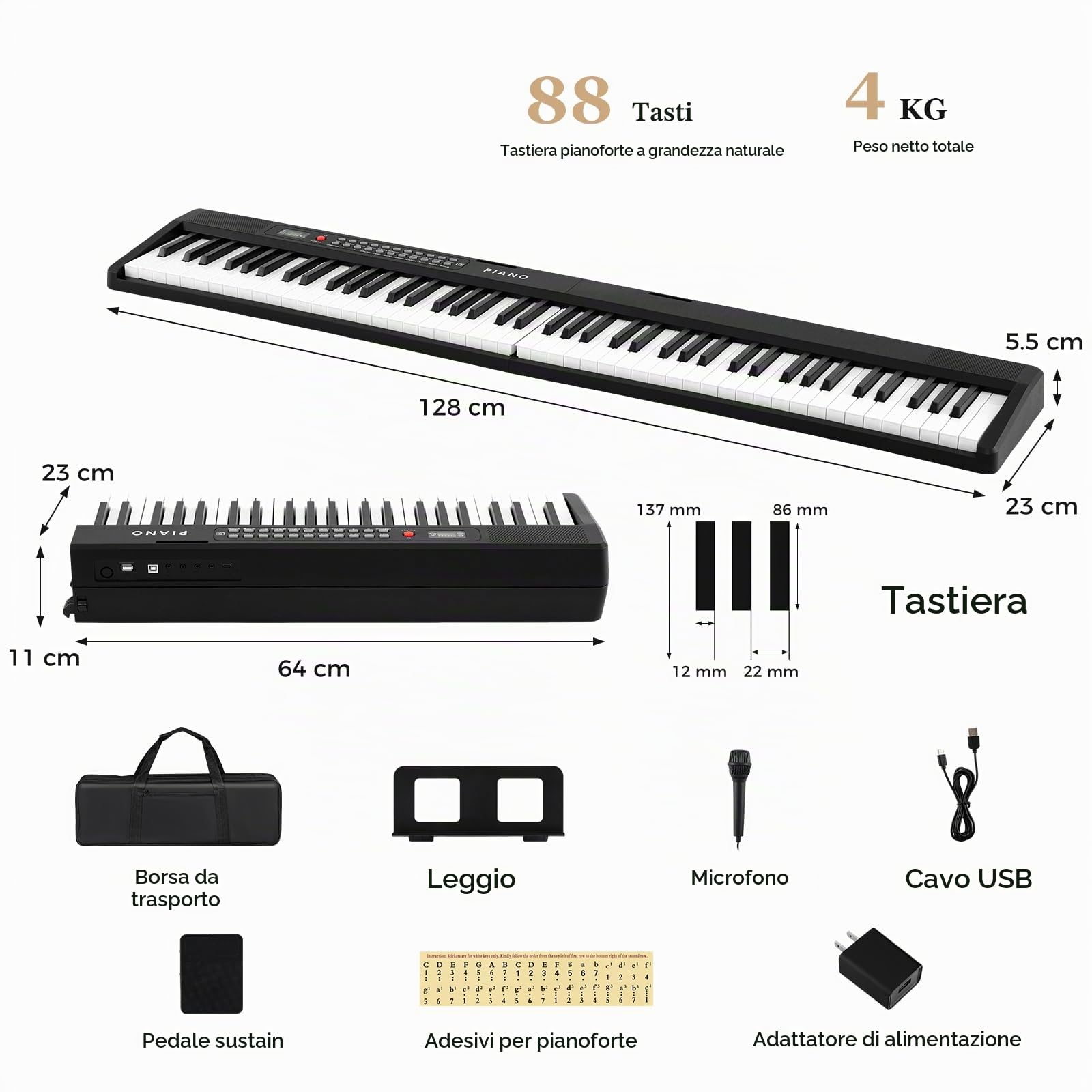 KOMFOTTEU Pianoforte Digitale 88 Tasti Pieghevole con Borsa e Microfono | Tastiera Elettronica con 1000 Suoni, 1000 Ritmi e 150 Canzoni Demo, Facile da Trasportare, Nero