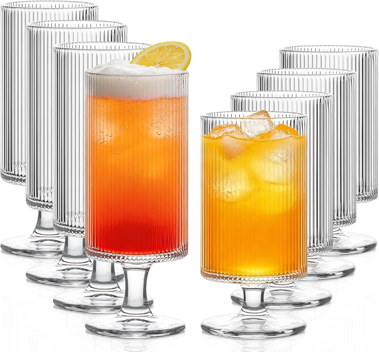 INSETLAN Set of 8 Ribbed Glass Goblets–4 Goblets Glassware 12oz, 4 Short Stem Wine Glasses 10oz, Vertical Stripe Stemmed Glassware, Ideal for Juice, Water, Iced Coffee, Whiskey, Mixed Drinkware