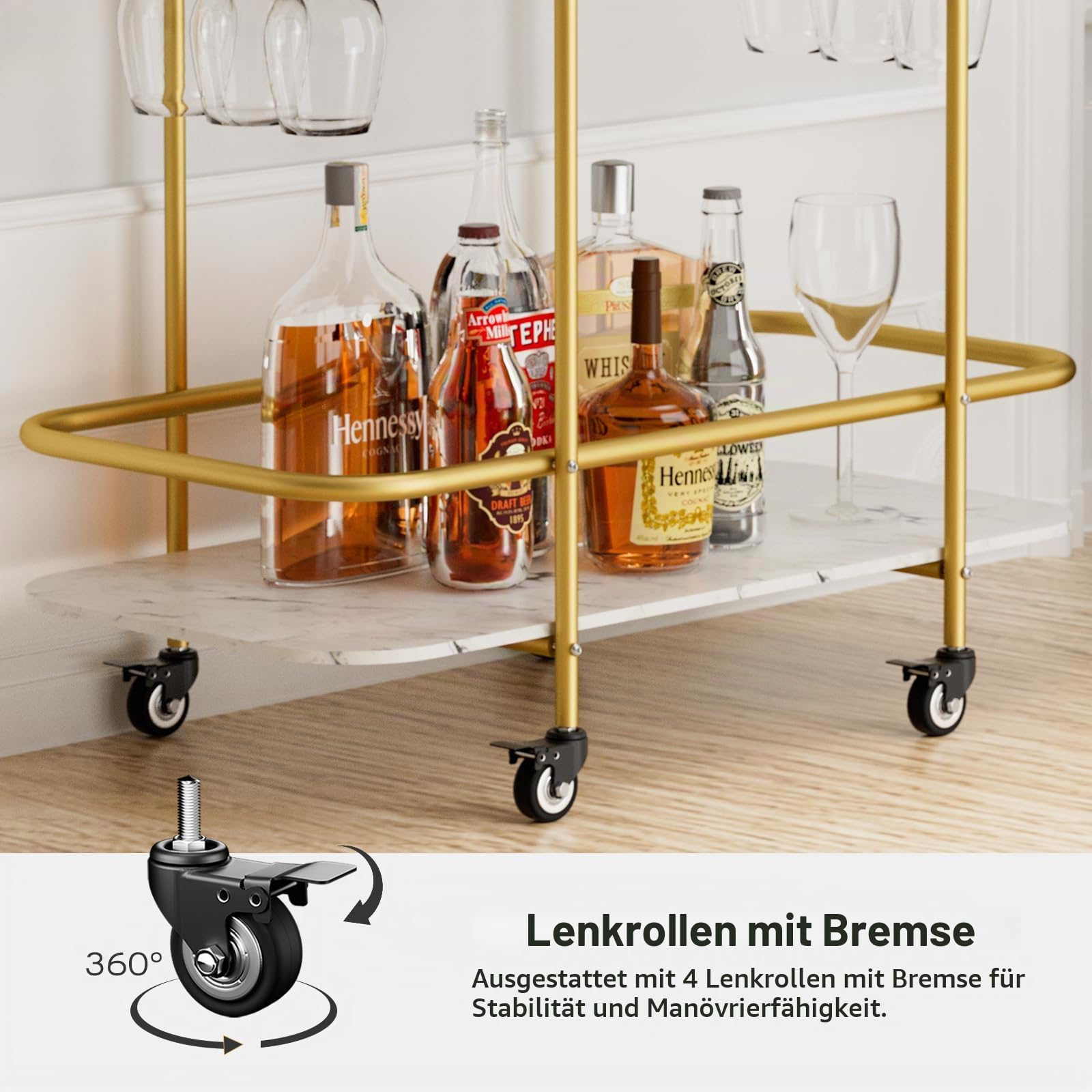 2-stufiger Bar-Servierwagen, mobiler Getränkewagen, Gold