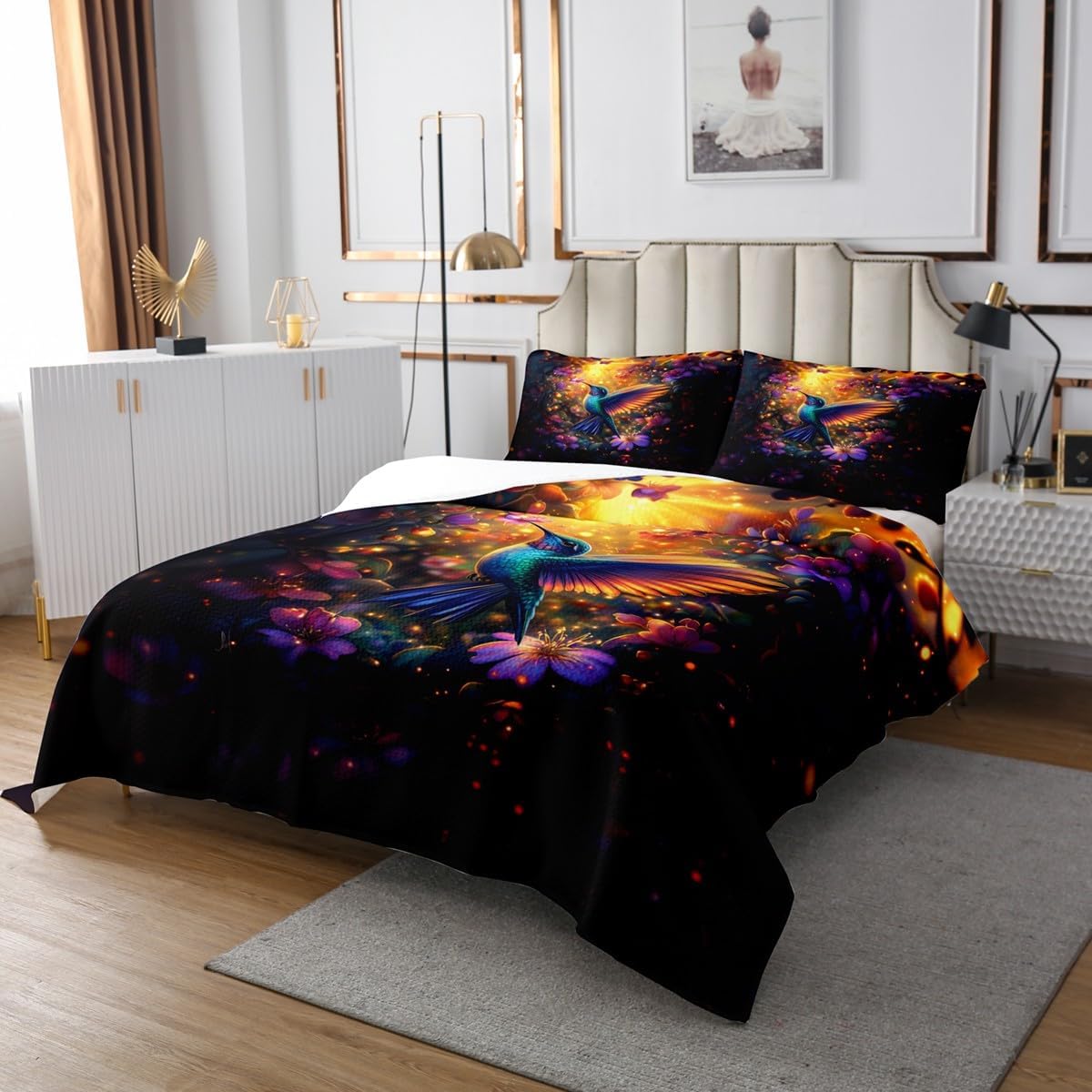 Feelyou Hummingbird Bedspread King Size Hummingbird Flowers Quilted Coverlet for Boys Girls Teens Tropical Birds Coverlet Set Blossoming Iris Flowers Quilted Room Decor Golden Blue
