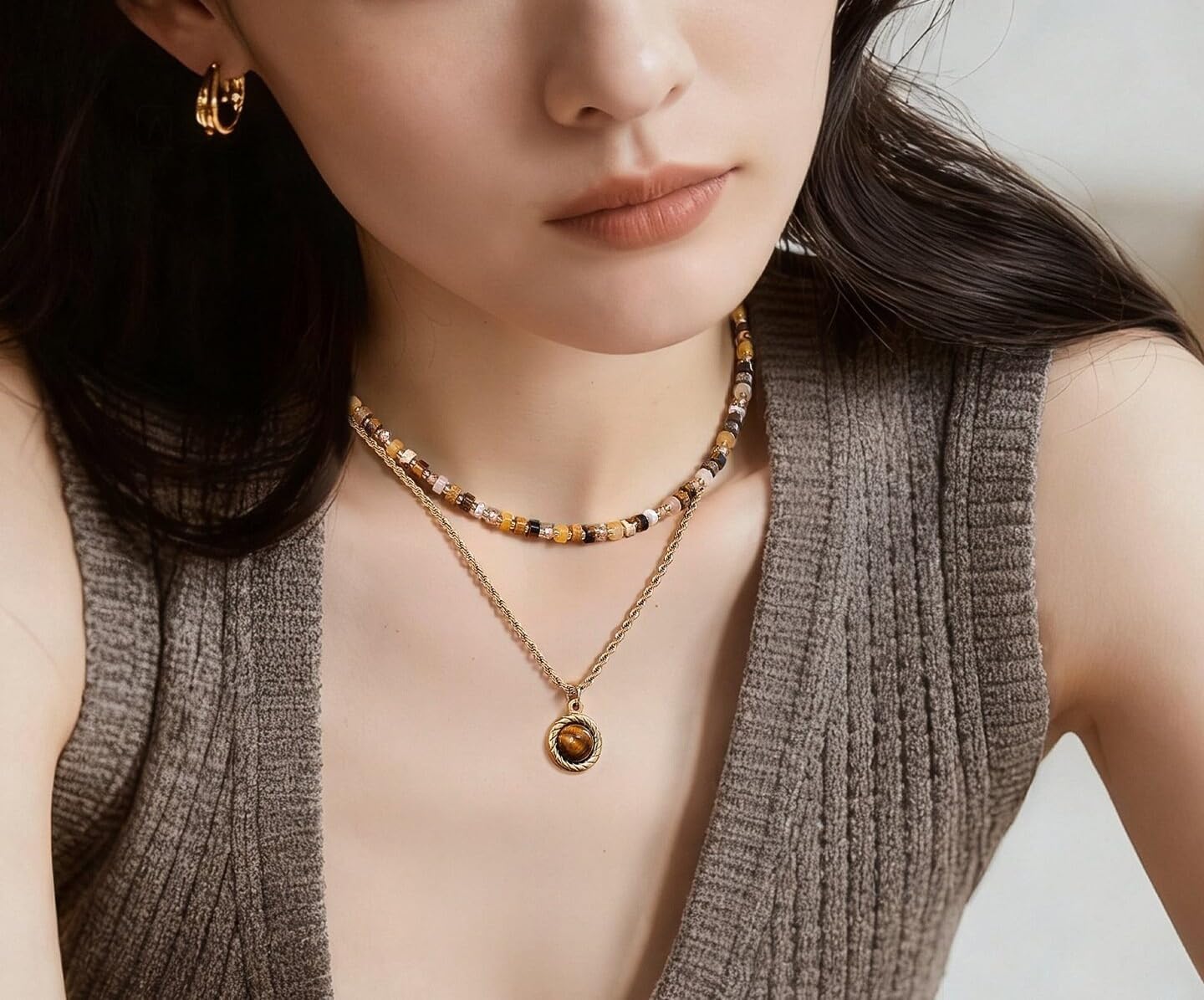 Women Jewelry Gift Layered Gold Chain Necklace Stack With Brown Beaded And Tiger Eye Gemstone Choker Vintage Pendant Set - Image 2