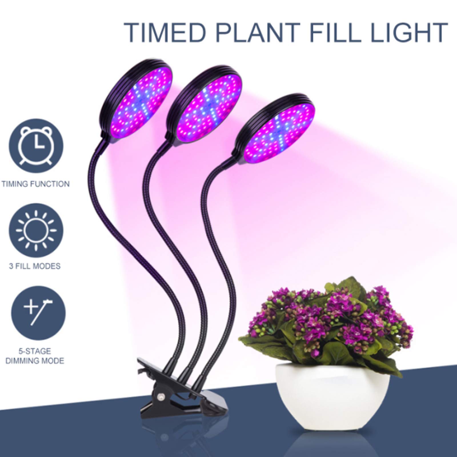 3 cabezales Mejora la luz de crecimiento con temporizador de encendido/apagado automático 4/8/12 h, Lampara de Cultivo Grow Light Indoor Lámpara Planta Espectro Completo 45W Interruptor Temporizador