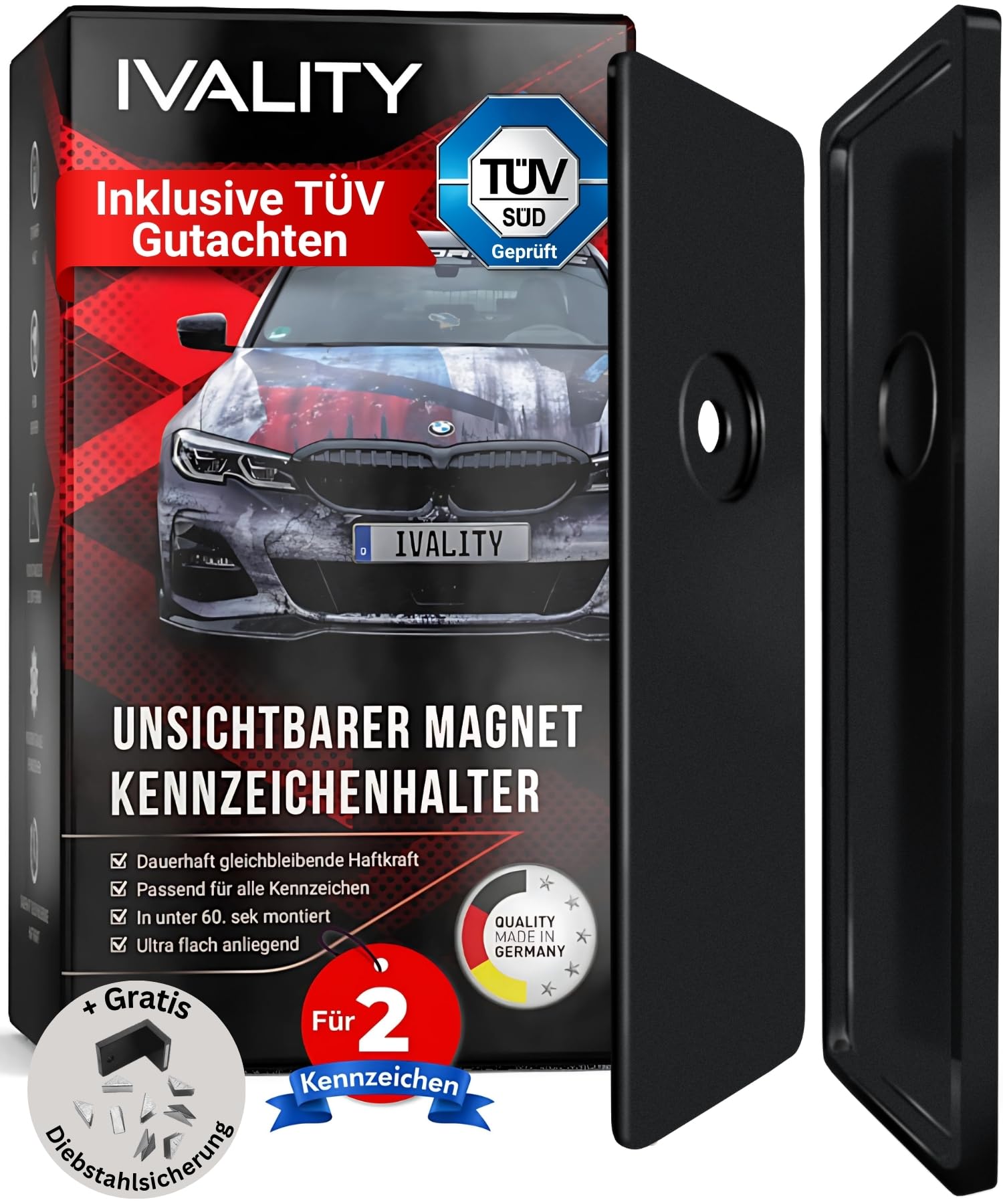 IVALITY® Magnet Kennzeichenhalter Rahmenlos für 2 Kennzeichen | Magnetische Nummernschildhalterung Auto | Kennzeichenhalterung Nummernschildhalter | Österreich Wechselkennzeichen