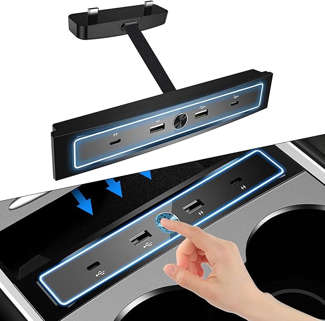 4 in 1 USB LED Hub Center Console Smart Charging Port Multiport Adapter Accessories Compatible with Tesla Model 3 Model Y 2021 2022