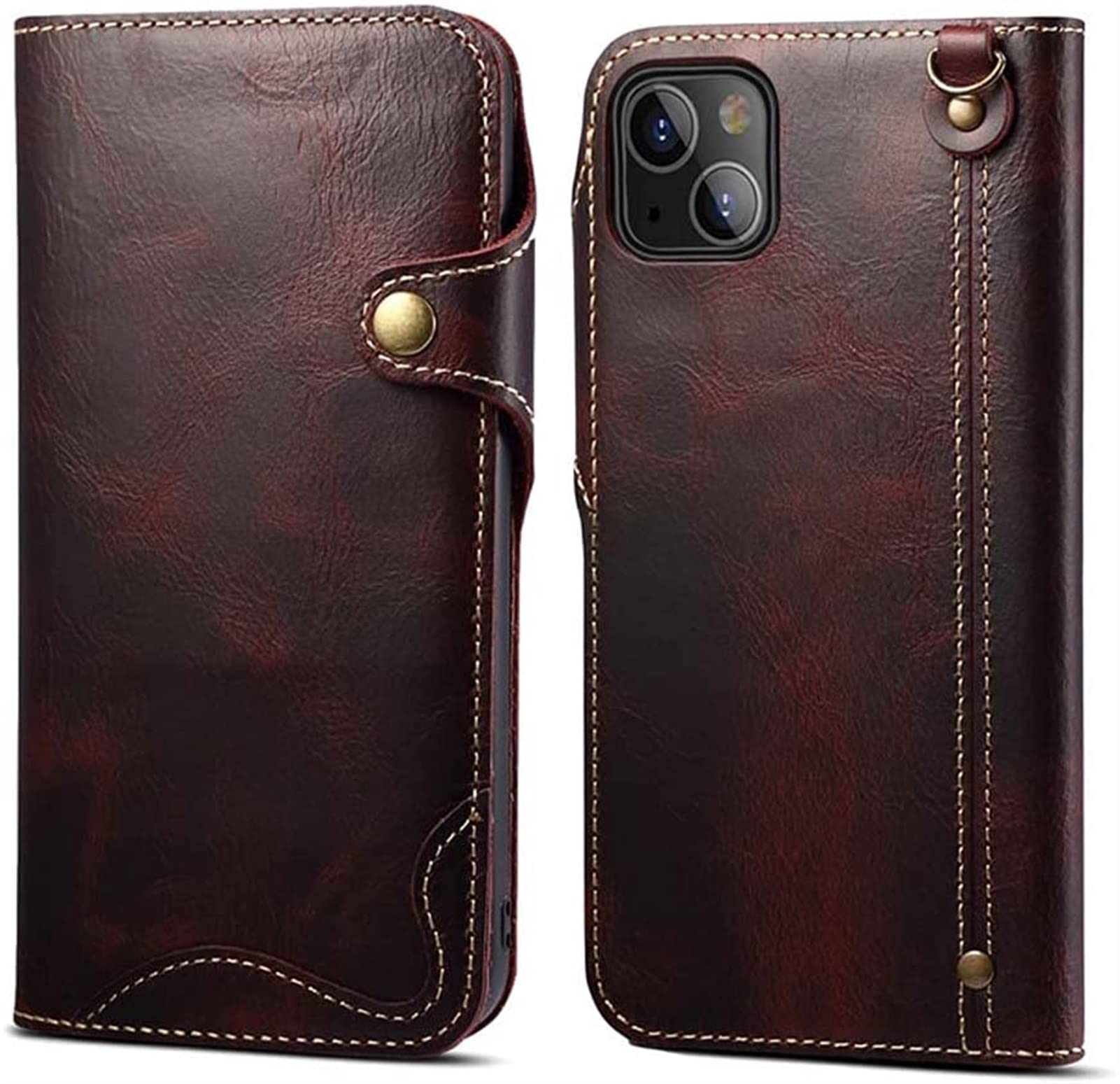 Funda tipo cartera iPhone 13 con tapa protectora tarjetero y pulsera roja 7