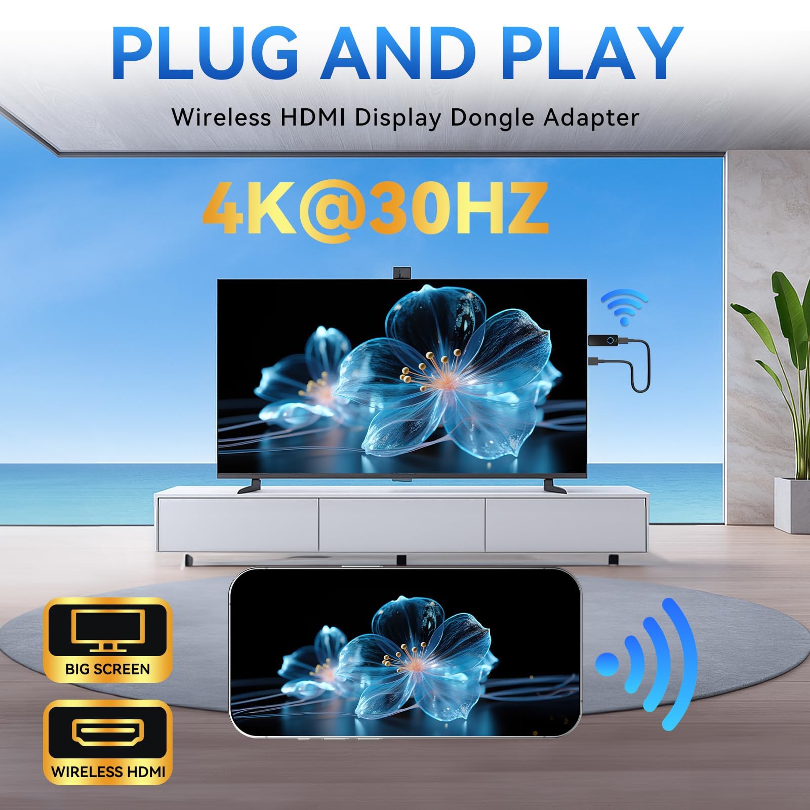 4K Wireless Display Dongle Adattatore Wireless HDMI Streaming, Airplay, Miracast, DLNA, Google Casting, 5 GHz WLAN, Plug & Play per Smartphone, Tablet, PC/Mac