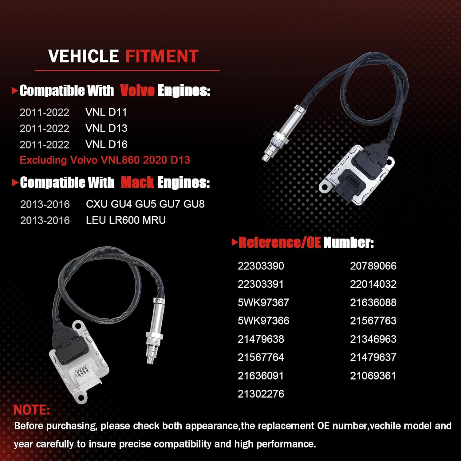 22303390 22303391 NOx Sensor Kit Compatible with Volvo 2011-2022 VNL D11 D13 D16, 5WK97366 5WK97367 Inlet&Outlet Nitrogen Oxide Sensor Set Fit for Mack 2013-2016 CXU GU4 GU5 GU7 GU8 LEU LR600 MRU