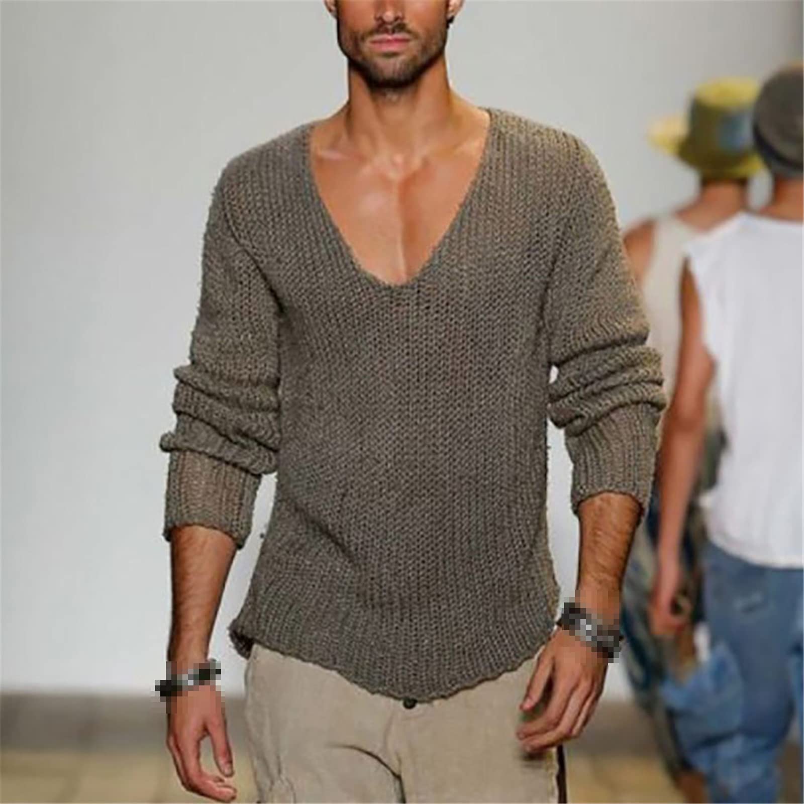 Primavera Autunno Maglione Uomo Casual Pullover Uomo Manica Lunga Scollo A V Profondo Solido Lavorato A Maglia Uomini Magl