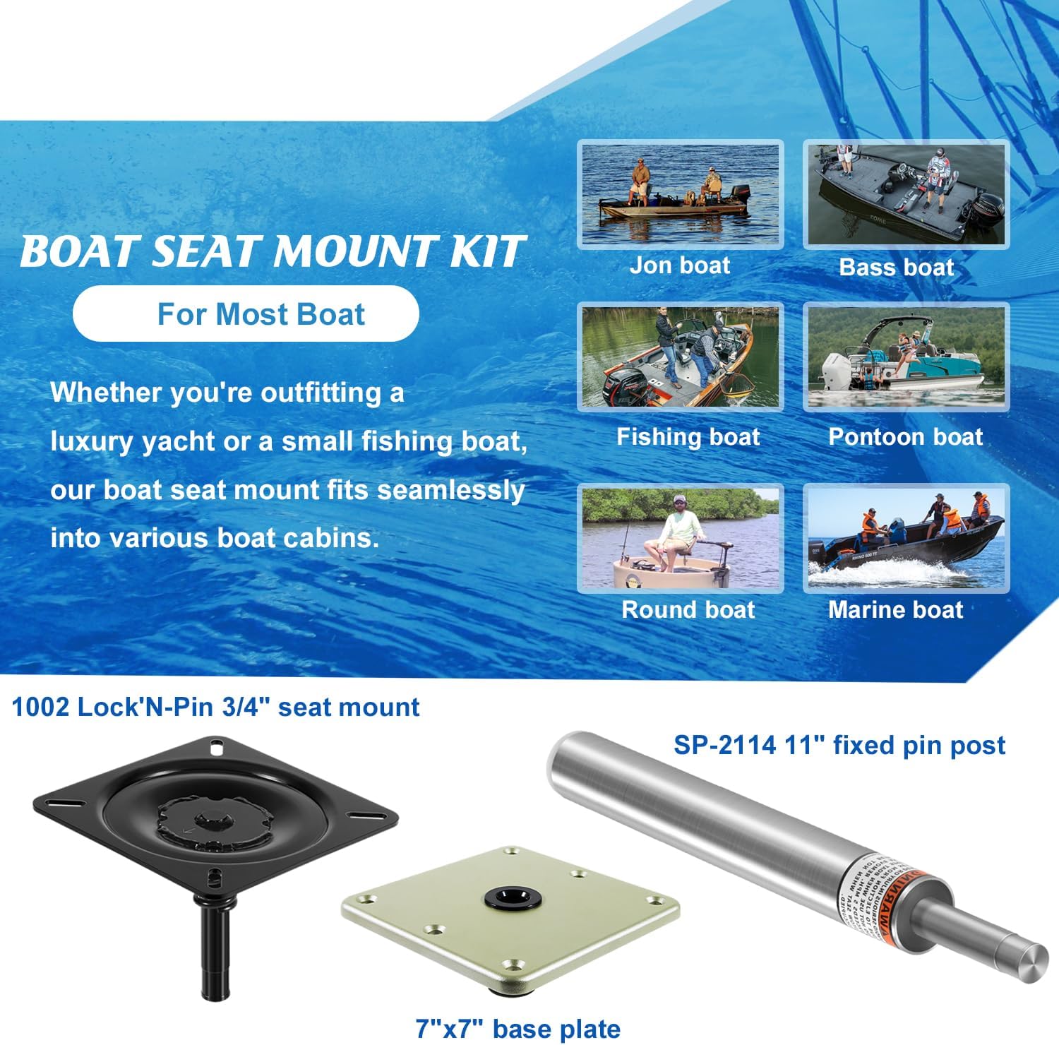 Boat Seat Mount Kit Include Lock'N-Pin 3/4" Seat Mount (1002), SP-2114 11" Fixed Pin Post & 7"x7" Base Plate | Marine-Grade Pedestal System for Fishing Boat Seats (3PCS)
