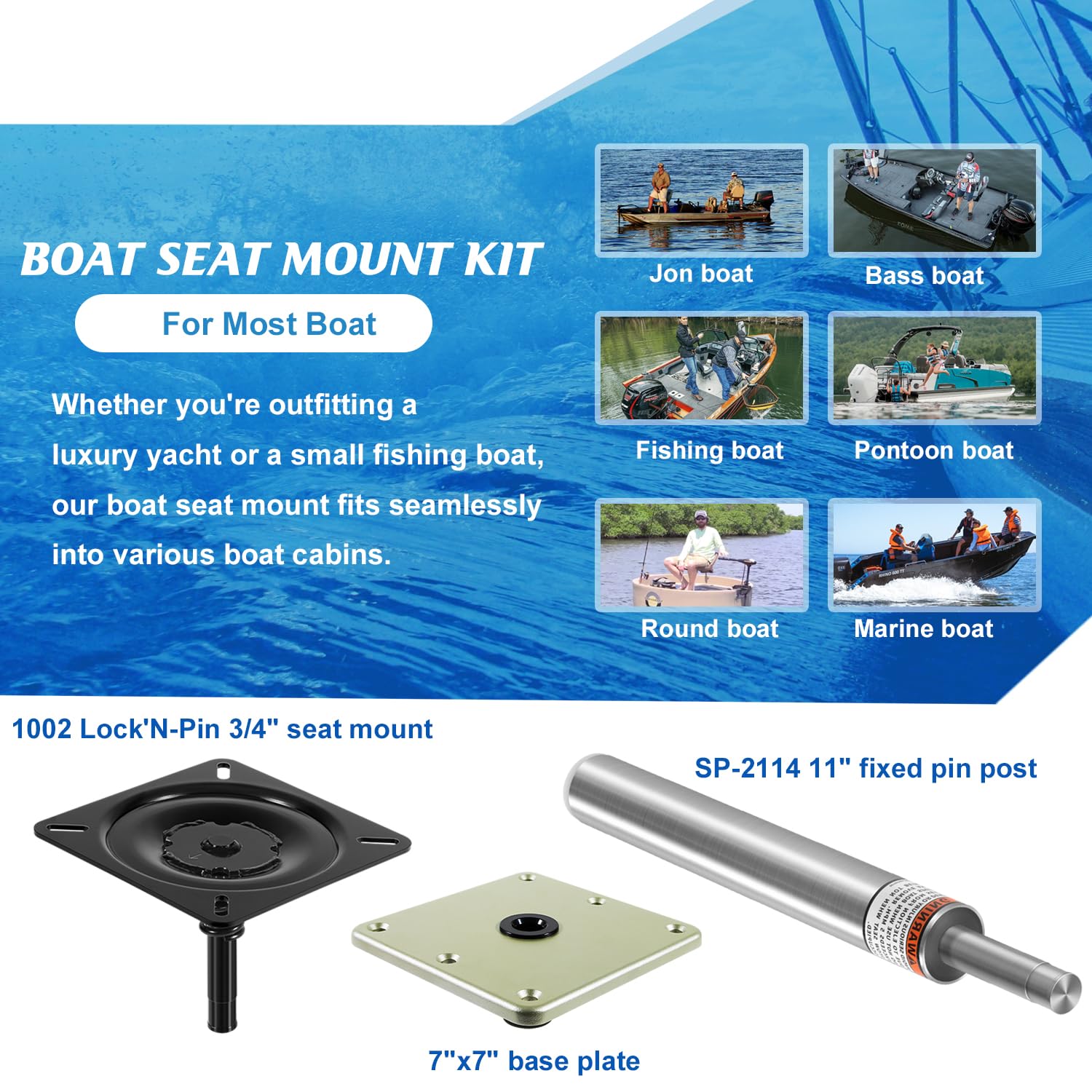 Il kit di montaggio per sedile della barca include Lock'N-Pin 3/4" (1002), SP-2114 perno fisso da 27,9 cm e piastra di base da 17,8 x 17,8 cm | Sistema di piedistallo di grado marino per sedili da