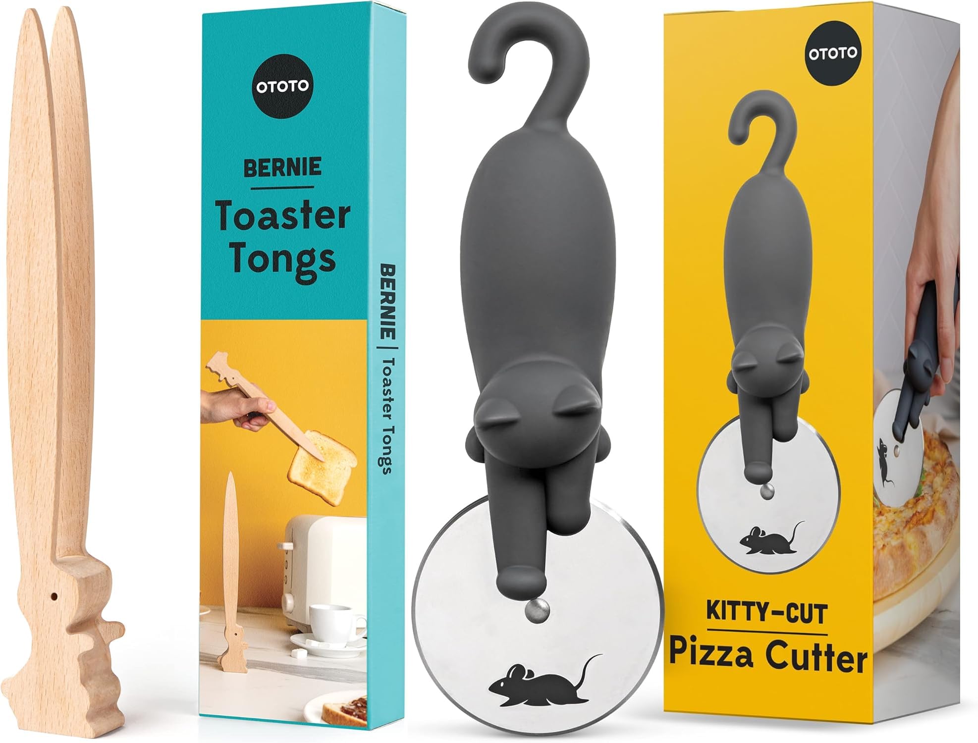 Bundle of 2! - OTOTO Bernie Toaster Tongs + Kitty Cat Pizza Cutter, Cute Kitchen Gadgets, Cute Gifts