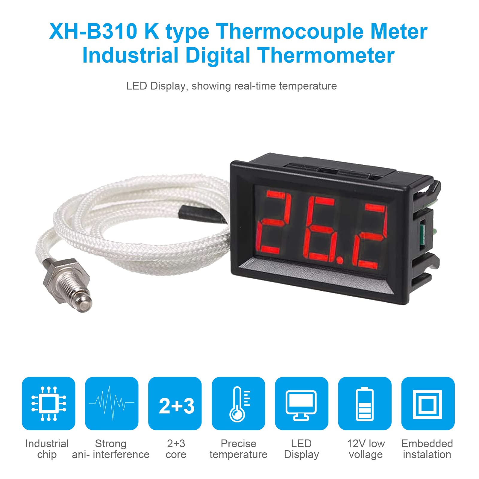 RUIZHI XH-B310 Termometro Digitale Industriale 12 V -30~800 °C K-Type M6 Termocoppia Tester