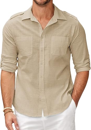 COOFANDY Camisa de algodón y lino para hombre, manga larga, casual, con botones, para verano, playa, camisetas lisas con bolsillos