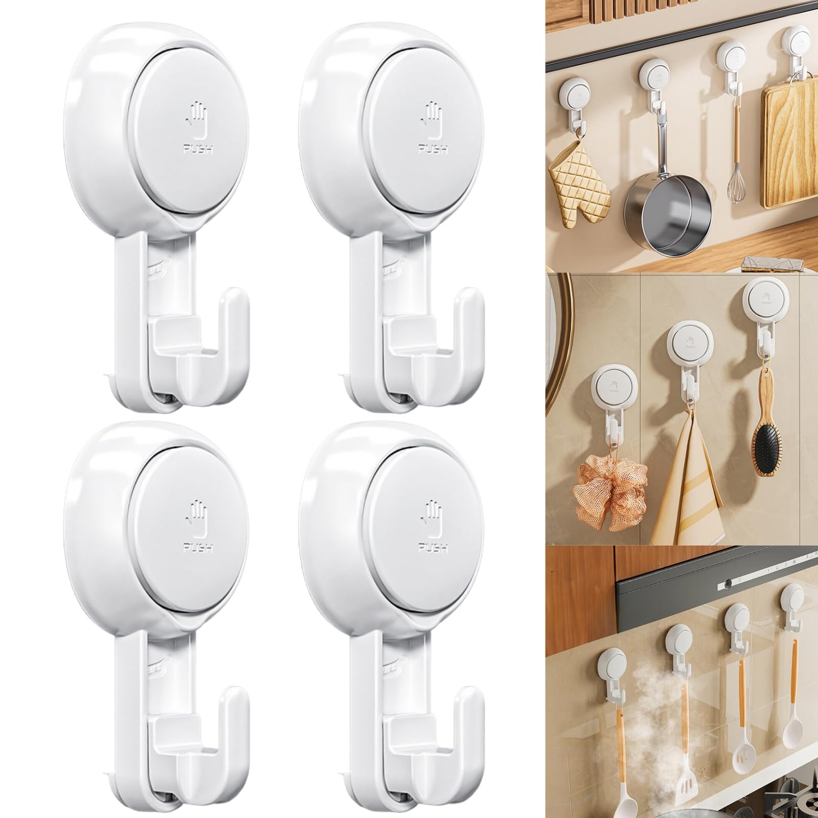 Boxonly Thin Hooks - Multi Suction Cup Hooks, Heavy-Duty Towel Holders, Waterproof and Reusable, for Bathroom and Kitchen - 4 Pack