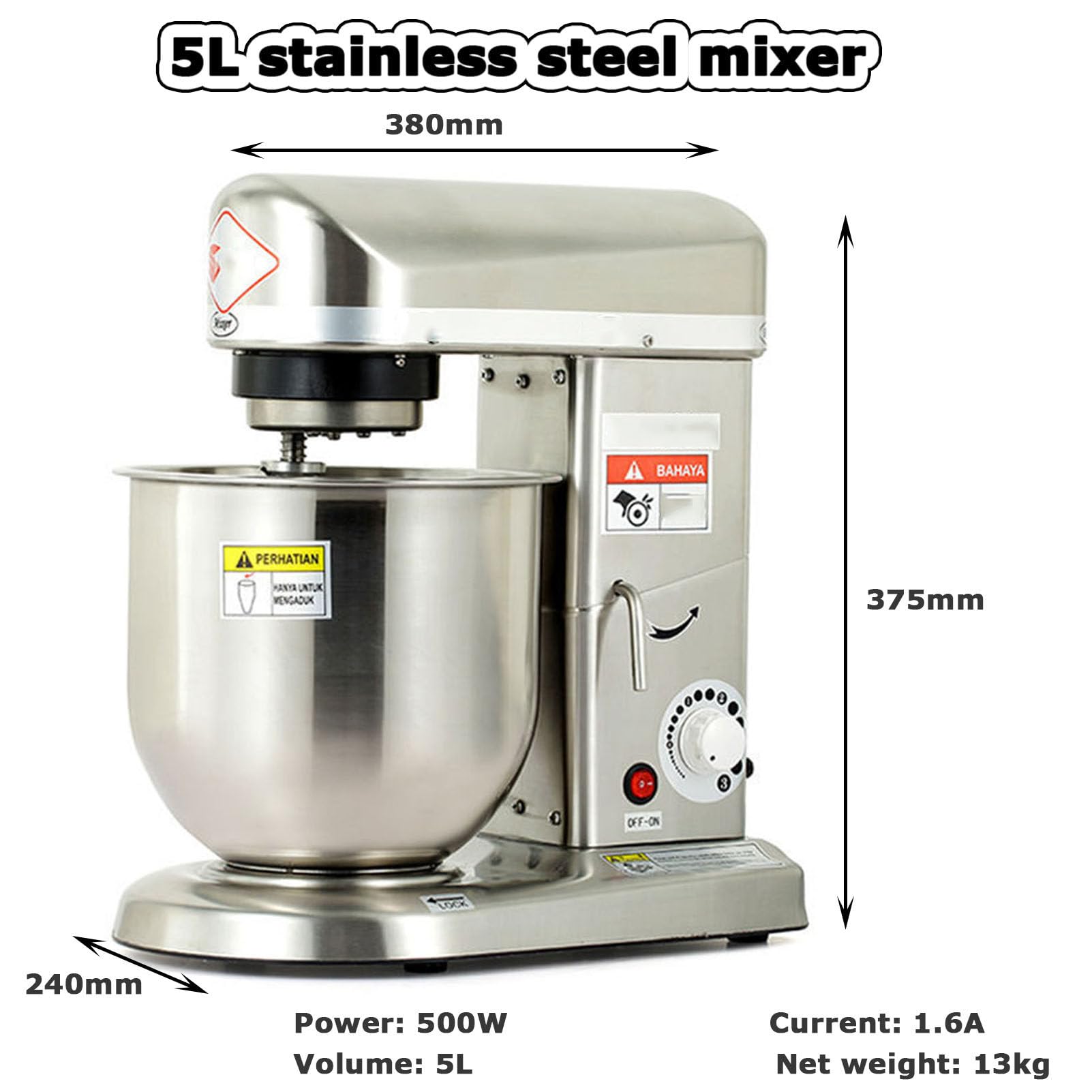 Oiyekntd Commercial Stand Mixer, Food Mixers for Baking, Electric Kitchen Mixers with Bowl, Dough Hook, Wire Whip Beater, for Bakery Pizzeria (Silver 5L)