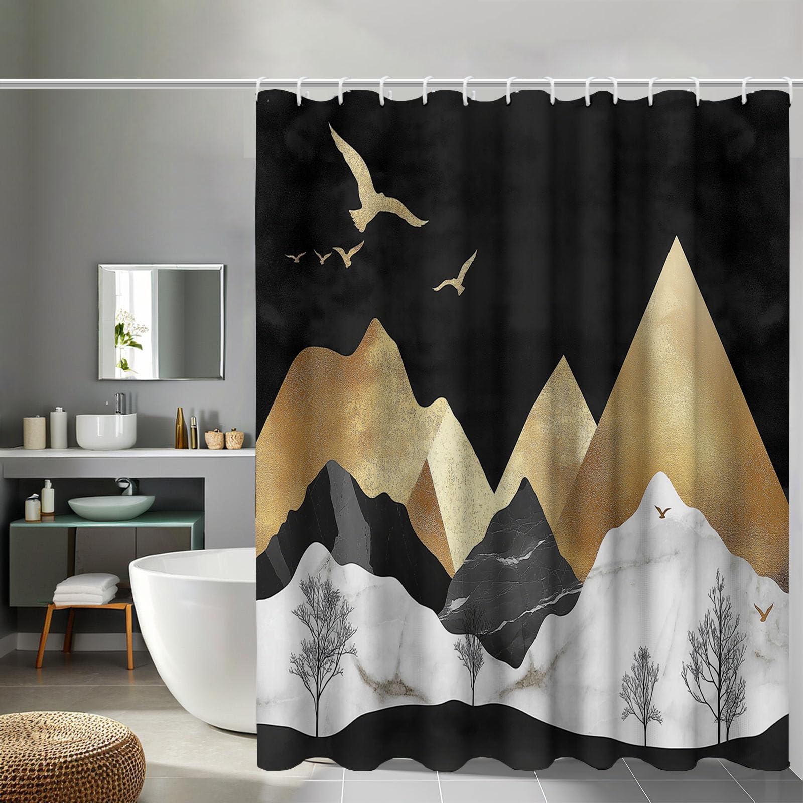 Rideau de douche or marbre montagnes noir graphite 150x180 avec 12 crochets de baignoire