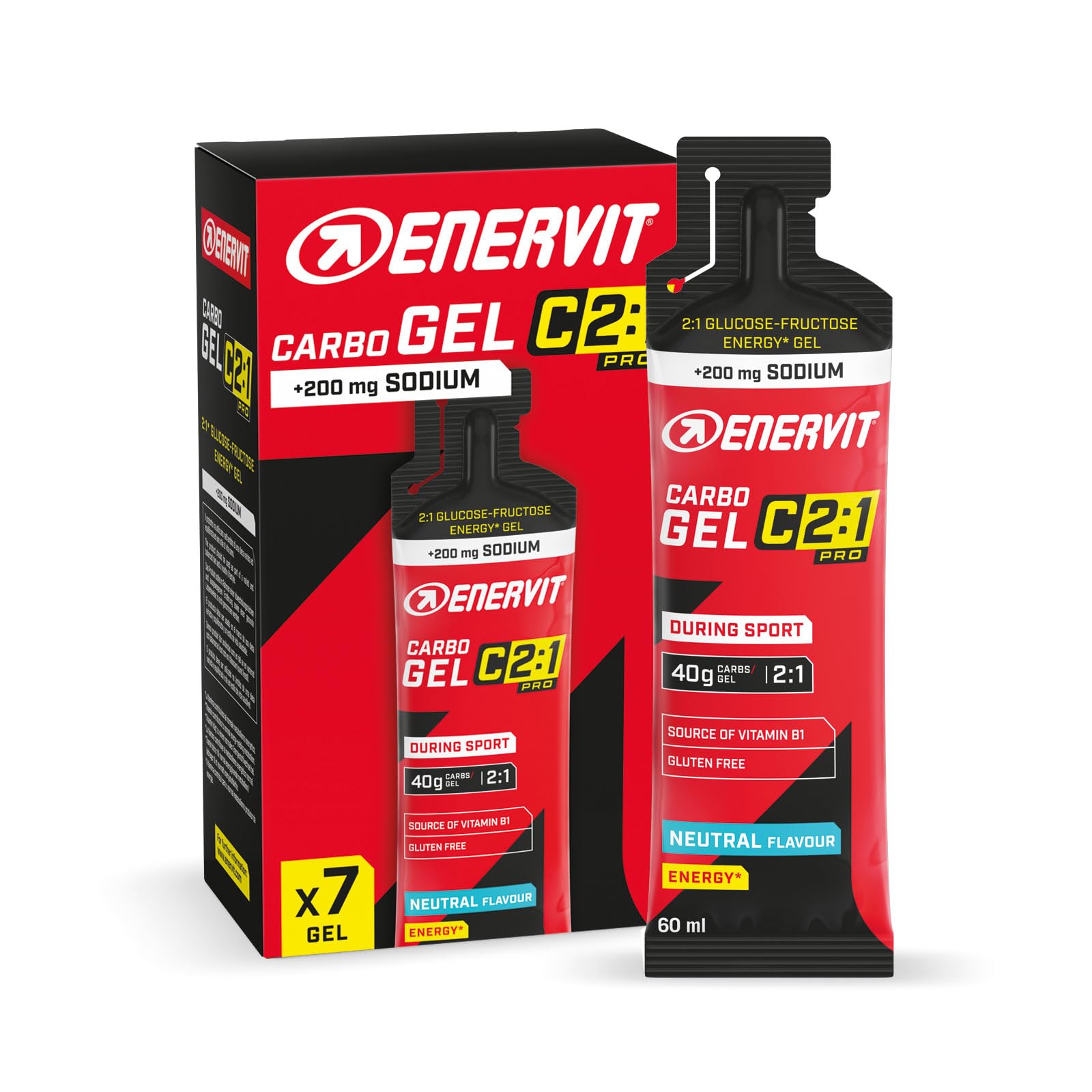 Enervit Carbo Gel C2:1pro Mit Natrium – Energie Gel Mit 40 G Kohlenhydraten Und 50% Schneller Absorbierten Kohlenhydraten, Neutraler Geschmack, Vegan, Glutenfrei, Leichtverdaulich, 7 Packungen À 60 Ml