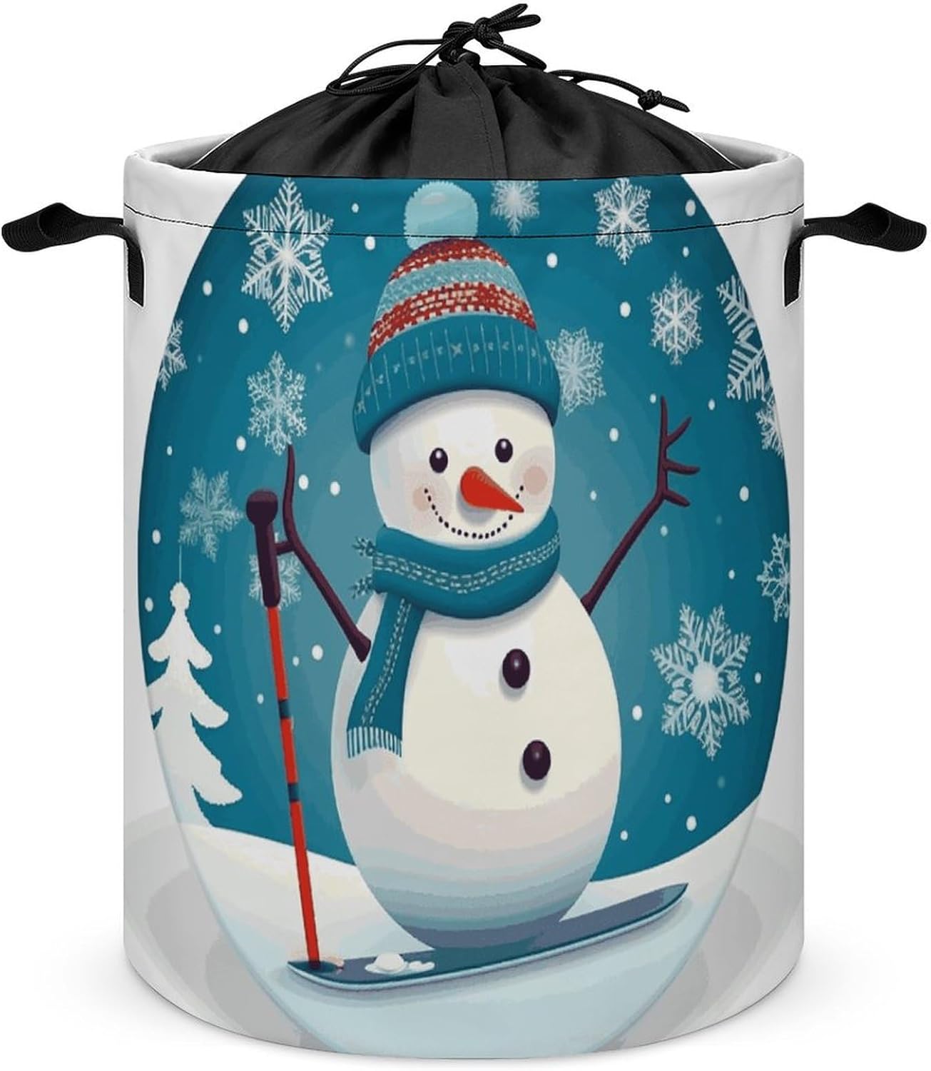 Lovely Christmas Cartoon Skiing Snowman Snowflake Laundry Basket with Lid Collapsible Waterproof Laundry Hamper Large Drawstring Clothes Hamper Storage Bin with Handles for Home Bathroom Bedroom Dorm