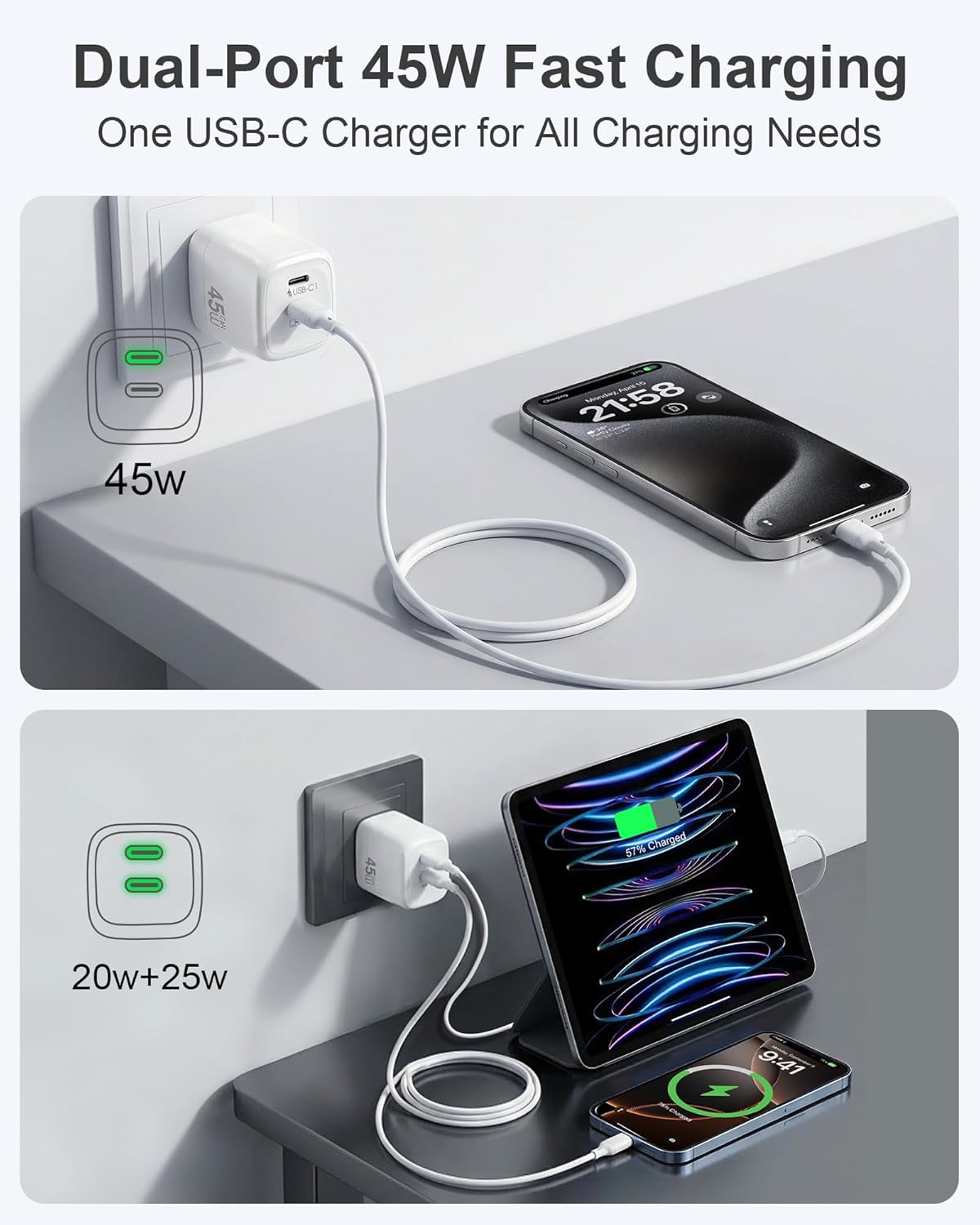 45W Phone Charger 2-Pack GaN PPS Wall Charger 2-Port Compact Fast Charging Block with 4 PCS 5ft Cables for Android, Samsung Galaxy S24/S23 Series,Pixel 10/9,iPhone 17 Series,Steam Deck(White)