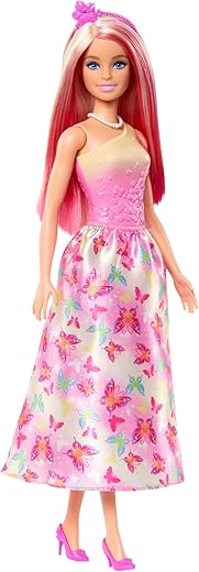 Barbie Royal Doll with Pink & Blonde Fantasy Hair, Colorful Accessories, Pink Ombre Bodice & Butterfly-Print Skirt, HRR08