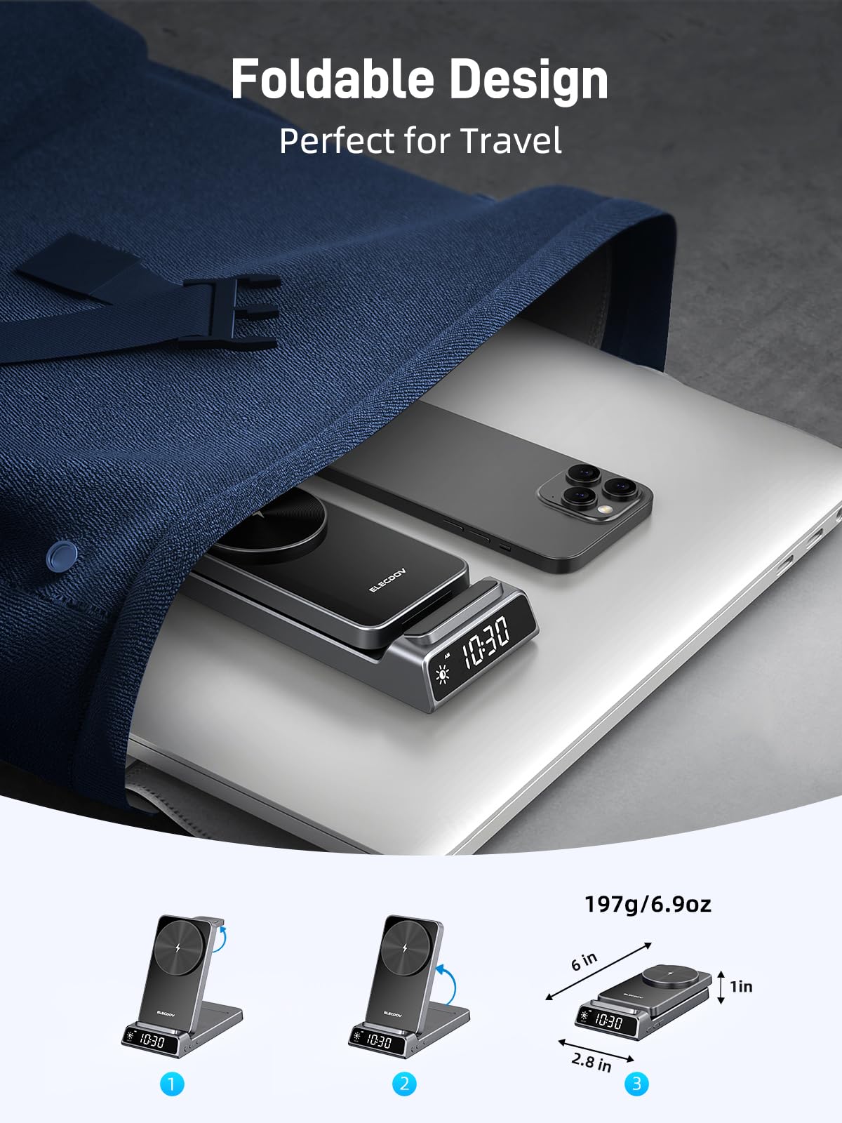 Bezprzewodowa ładowarka do Apple, magnetyczna stacja ładująca 3 w 1 z zegarem, składany podróżny bezprzewodowy stojak ładujący do iPhone 17/17 Pro/17 Pro Max/16/15, ładowarka do zegarka iWatch 10