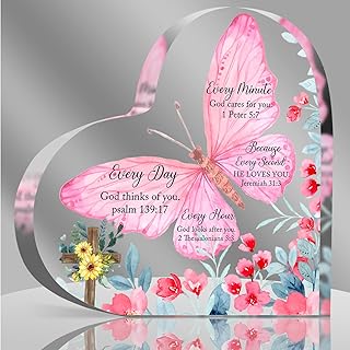 Christian Gifts Religious Gifts Scripture Gifts for Women Bible Verse Inspirational Heart-Shaped Acrylic Desk Decor Perfect Birthday Present for Women of Faith 3.9 x 3.9 Inches Present(Pink)