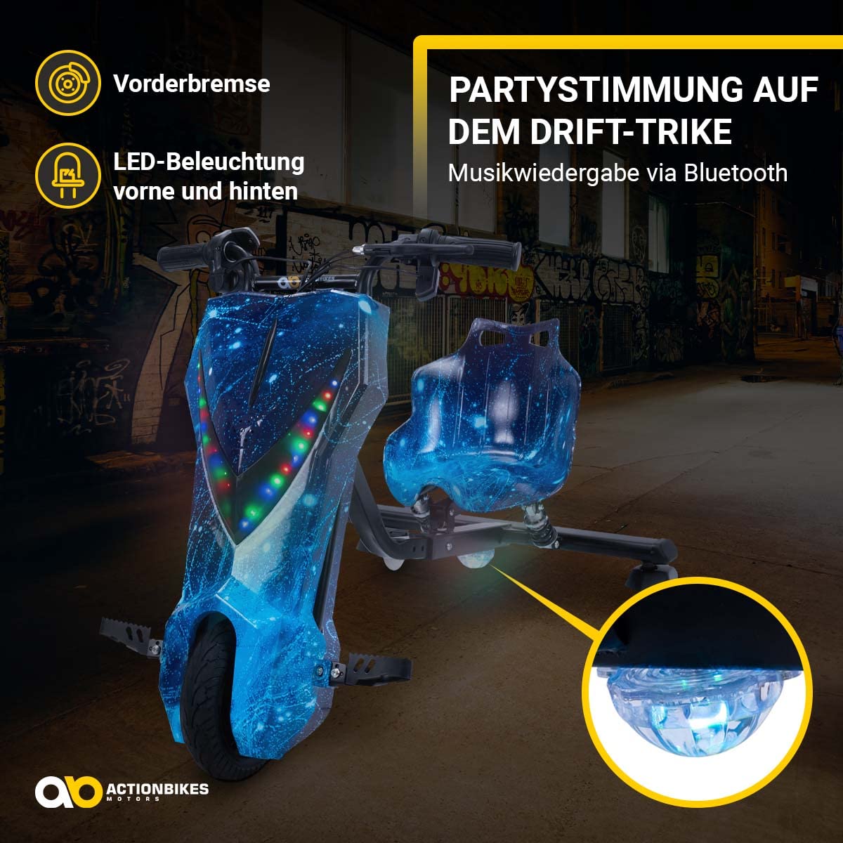 Actionbikes Motors Drift Scooter per Bambini 360 Gradi - Motore Elettrico da 250 Watt - 3 Livelli di Velocità - Illuminazione LED - Sedile Regolabile (Space Blue)