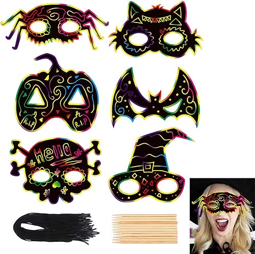 CCINEE 36 máscaras de papel para rascar de Halloween, mágicas máscaras artísticas para raspar con cordones elásticos y lápiz capacitivo de madera