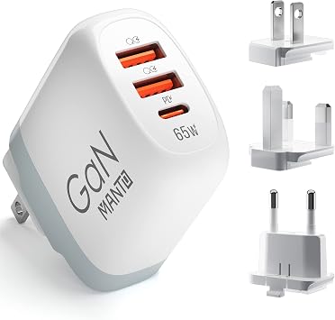 MANTO 65W USB C Charger GaN Fast Charger with Interchangeable US/UK/EU Plugs, 3-Port USB-C PD & QC 3.0 Travel Adapter for MacBook Pro, iPhone, iPad, Galaxy, Dell, HP, More