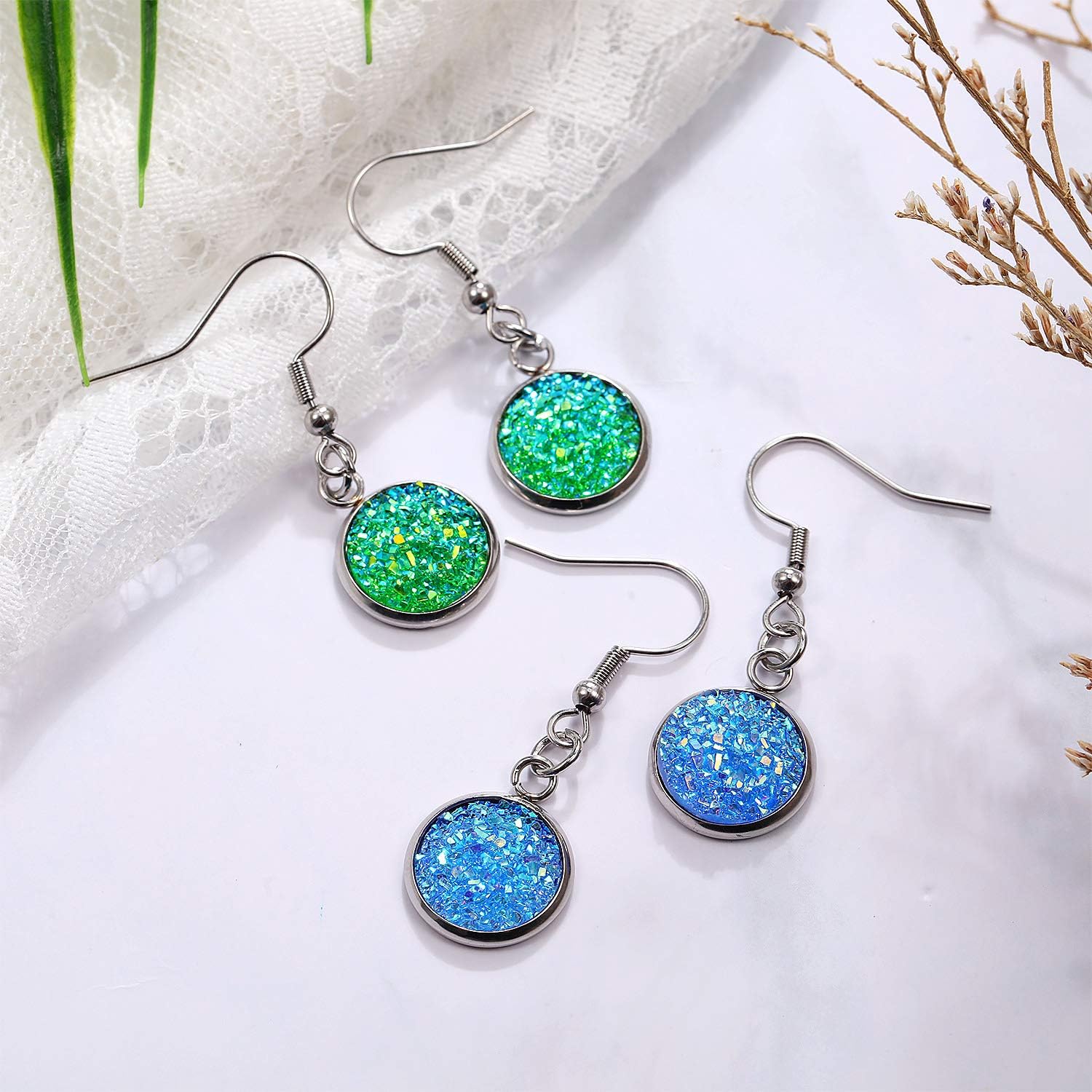 Hicarer 20 Pairs Faux Druzy Drop Earrings Colorful Simulated Stone Dangle Rainbow Crystal Druzy Earrings for Women Wedding(Round Shape Style) - Image 5