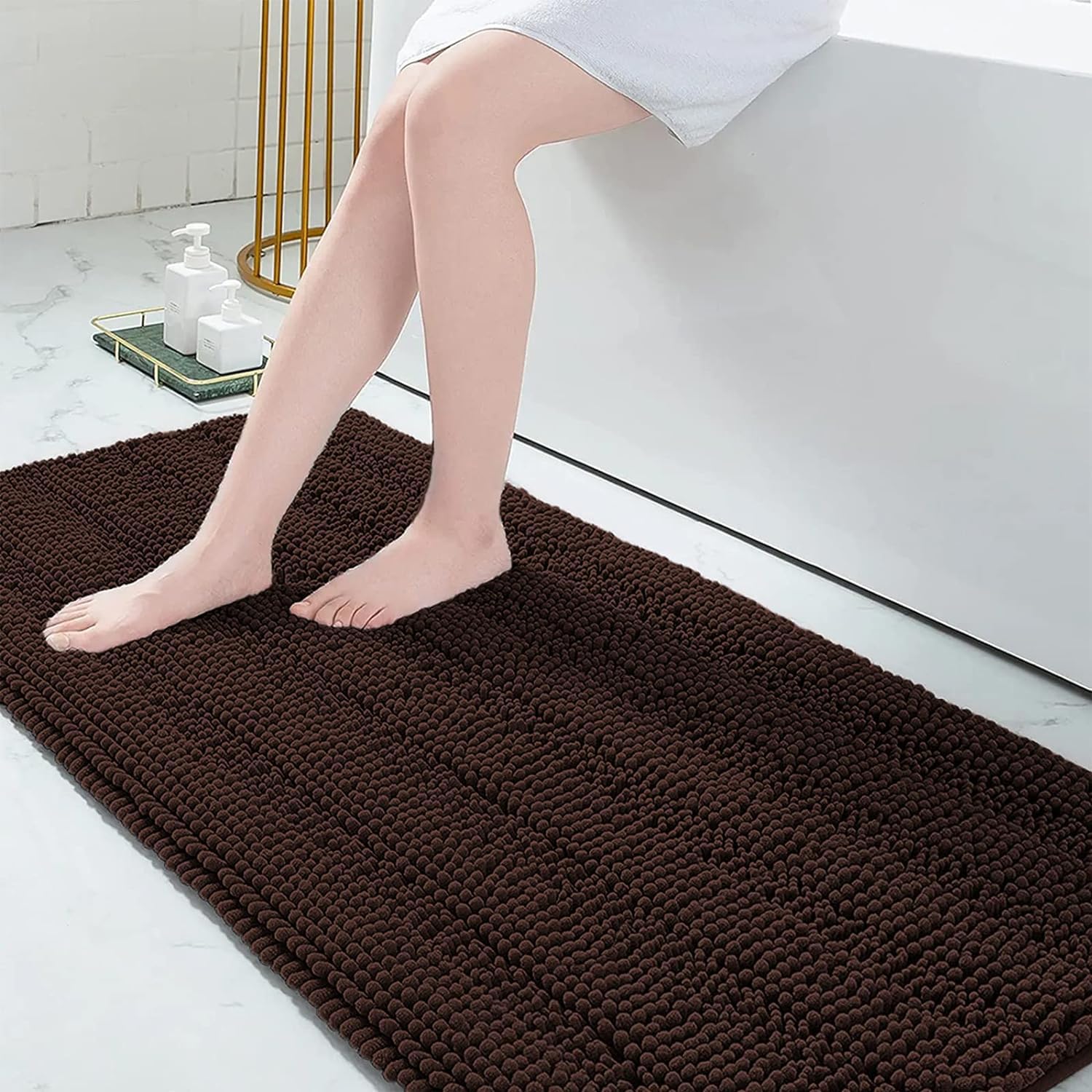 Grandaily Chenille Bathroom Rugs 70x24, Soft Absorbent Bath Mats, Brown