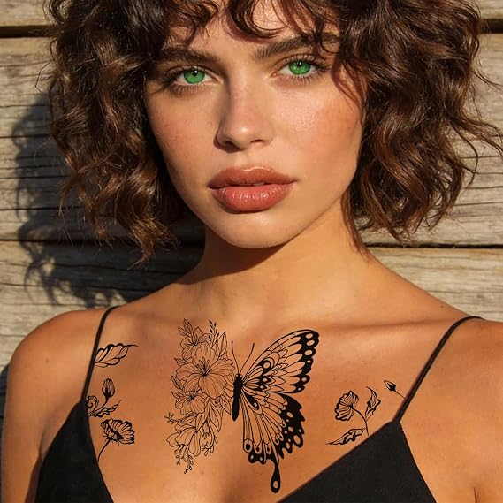 128PCS Temporary Tattoo Stickers, 16 Sheets Black Flower Plant Butterfly Fake Tattoos, Semi Permanent Tattoo Sticker for Women Girls Finger Face Arm Neck Shoulder Make Up