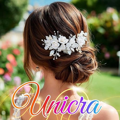 Miniatura 4 de Unicra Pelo de novia de flores para boda, perla, pieza de pelo de novia, accesorios para el cabello de hojas, diadema de diamantes de imitación para