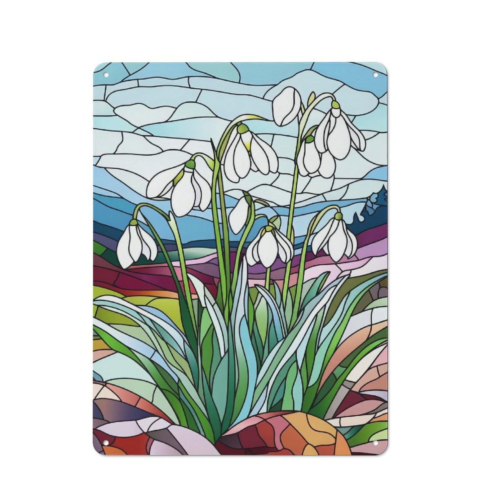 Vintage Stained Glass Snowdrops Metal Plaque 40x30cm, Diner Style Decor for Bakery, Diner, Cafe Or Family Room