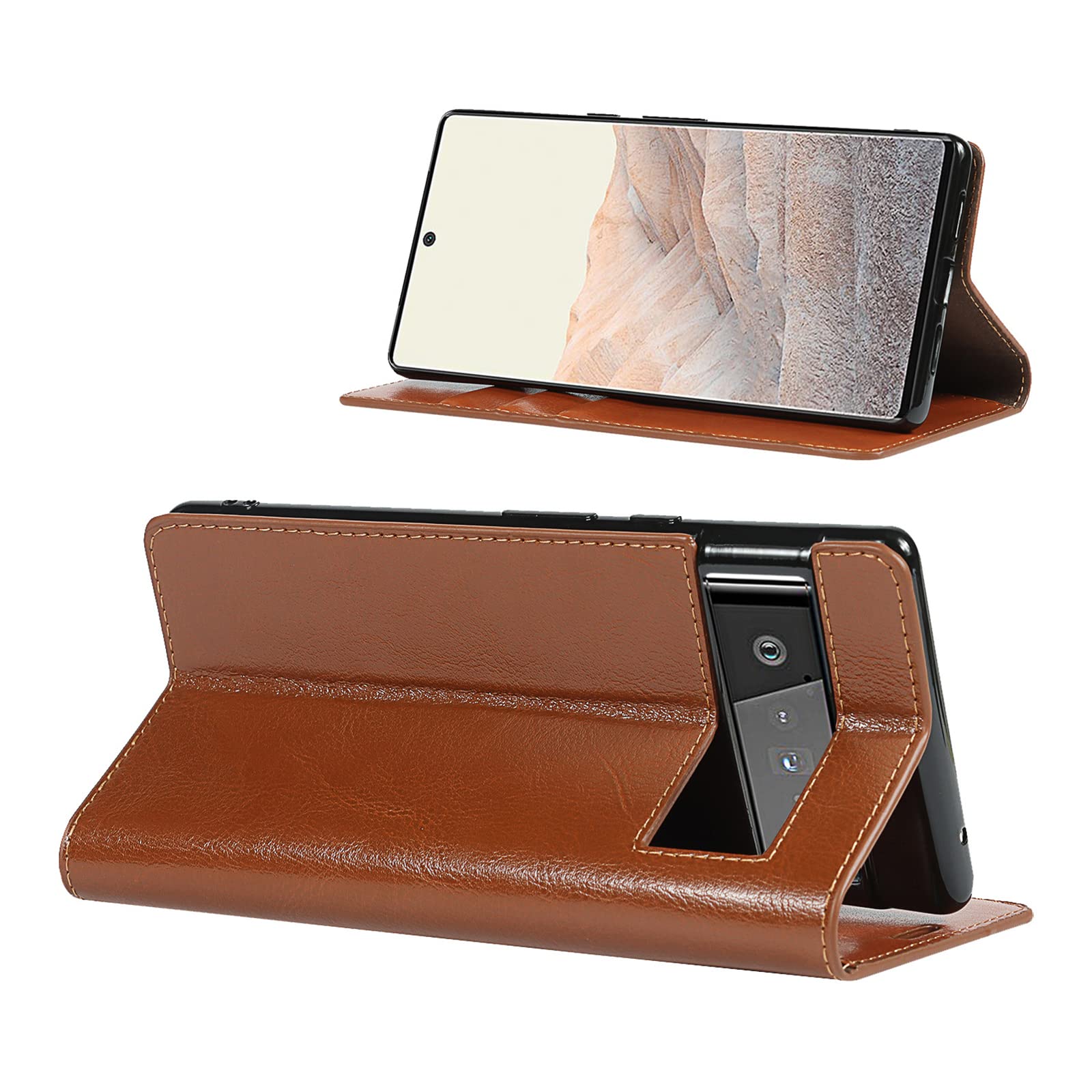 Etui portfelowe do Google Pixel 6/6 Pro, wysokiej jakości prawdziwa skóra portfel etui z przegródką na karty, podpórka, etui z klapką na telefon, miękkie etui z TPU, brązowe 1,6 Pro 6,7 cala