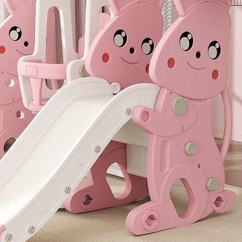 Miniatura 9 de Qaba Juego de tobogán y columpio 4 en 1 para niños de 1.5 a 4 años, parque infantil con temática de conejo con escalador, aro de canasta, para patio