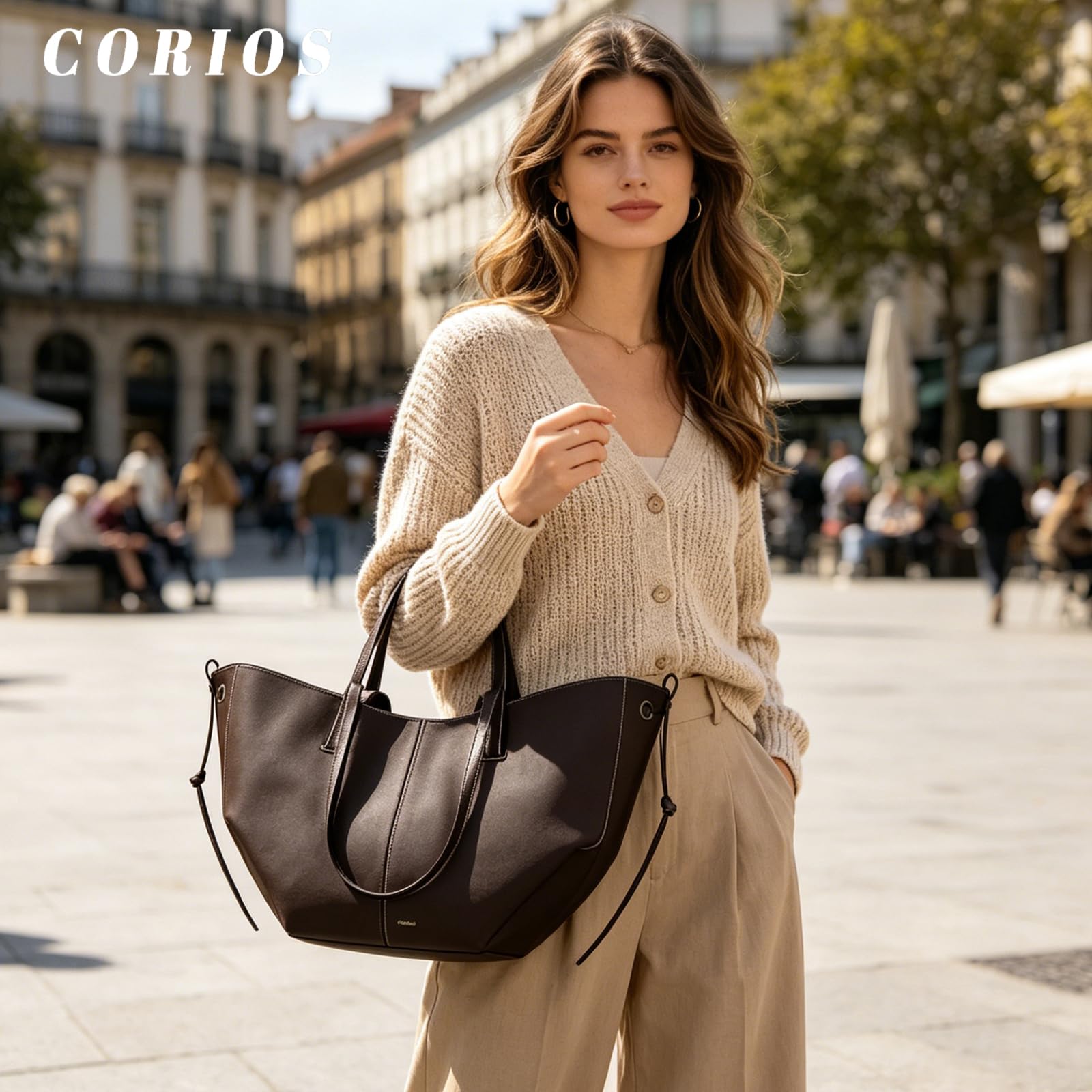 CORIOS Bolso de Mano para Mujer PU Cuero Bolsa de Cubo Elegante Bolsos de Hombro Gran Capacidad Bolsa Shopper Moda Tote 2pcs para Trabajo Viajes Compras Ébano S