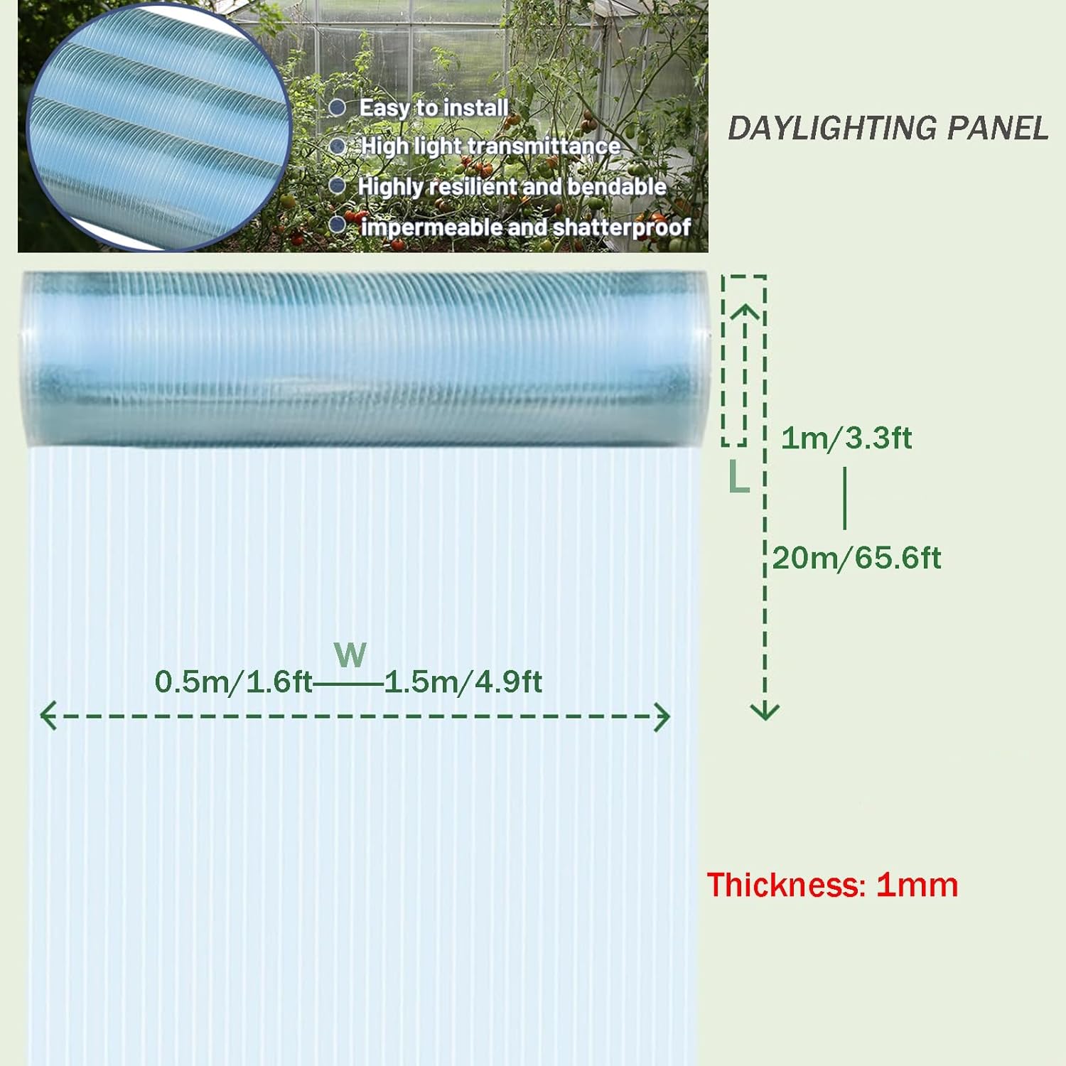 Rain-Proof Greenhouse Canopy，Greenhouse Roof Panels ，Weather-Resistant and Transparent Greenhouse Roofing Sheets,for Covered Walkways,Greenhouse，Vegetable Shed(W0.8xL3m/2.6x9.8ft)