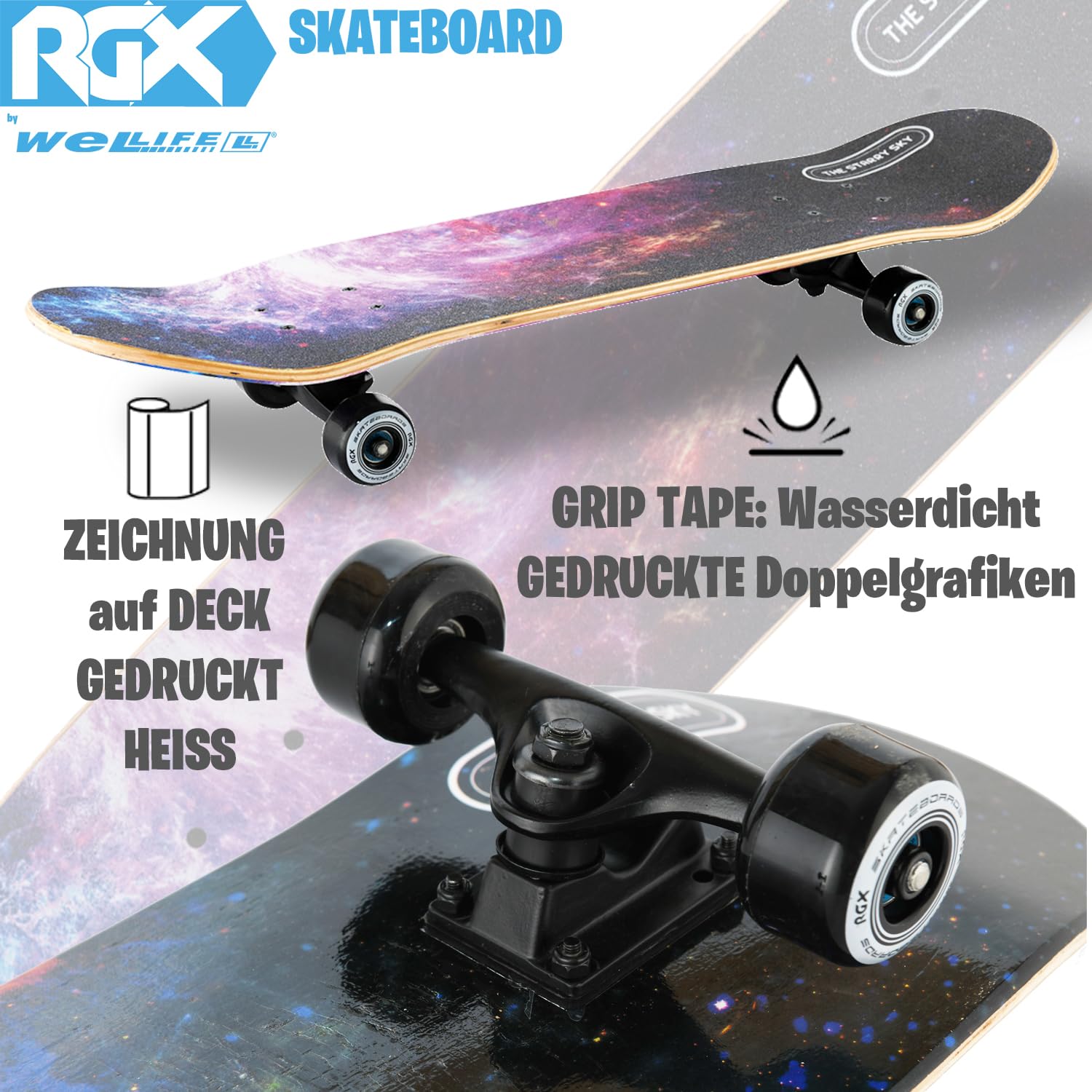WeLLIFE Skateboard für Anfänger, 80x20cm Holz Skateboard Kinder, Jugendliche Erwachsene,ABEC-9 Kugellager, 9 Schichten Ahorn Double Kick Skate Concave Trick