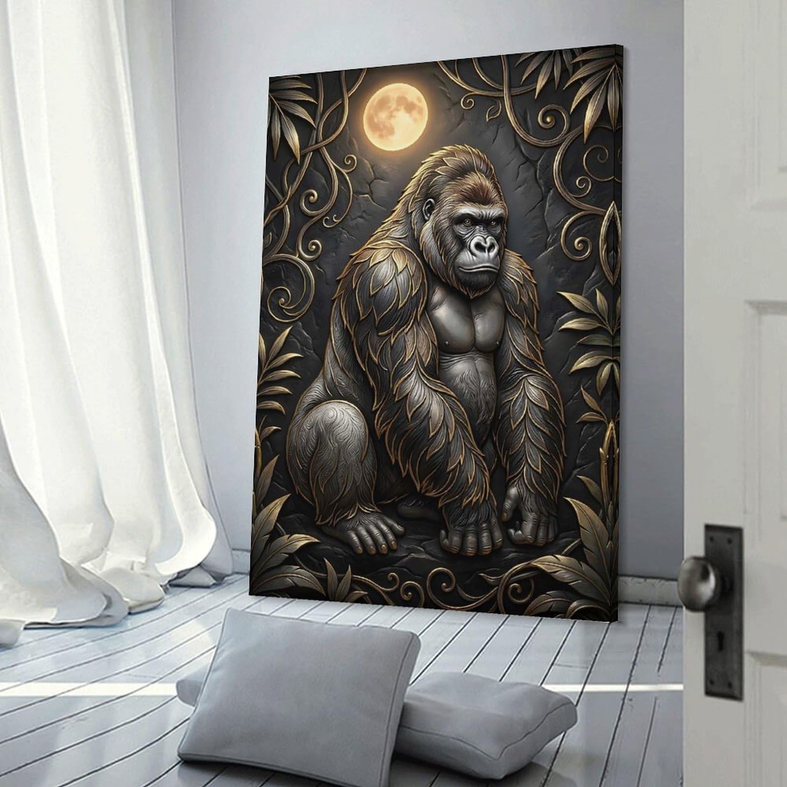 Junmoney Majestic Gorilla with Golden Accents Canvas Wall Decor 24x36inch(60x90cm), for Calm Bedrooms, Home Corners Or Flats, An Easy Wall Refresh for Bedrooms