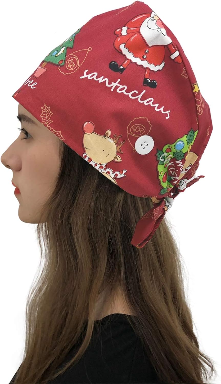 Cute Printed Working Cap with Button and Sweatband Adjustable Bouffant Hats for Women Men (3 Pcs