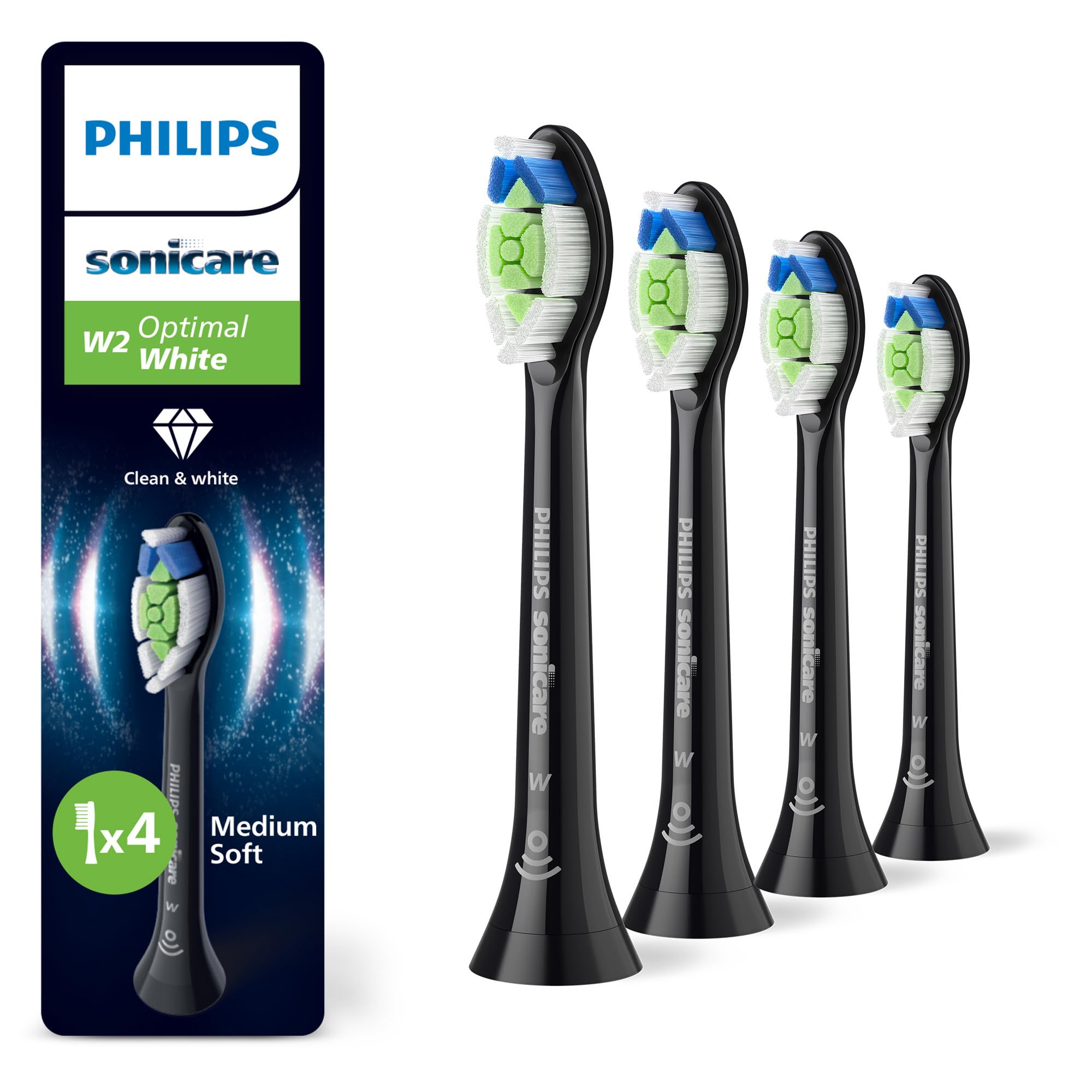 Philips Sonicare W2 Optimal White Original Replacement Toothbrush Heads, Black, Pack of 4, HX6064/88