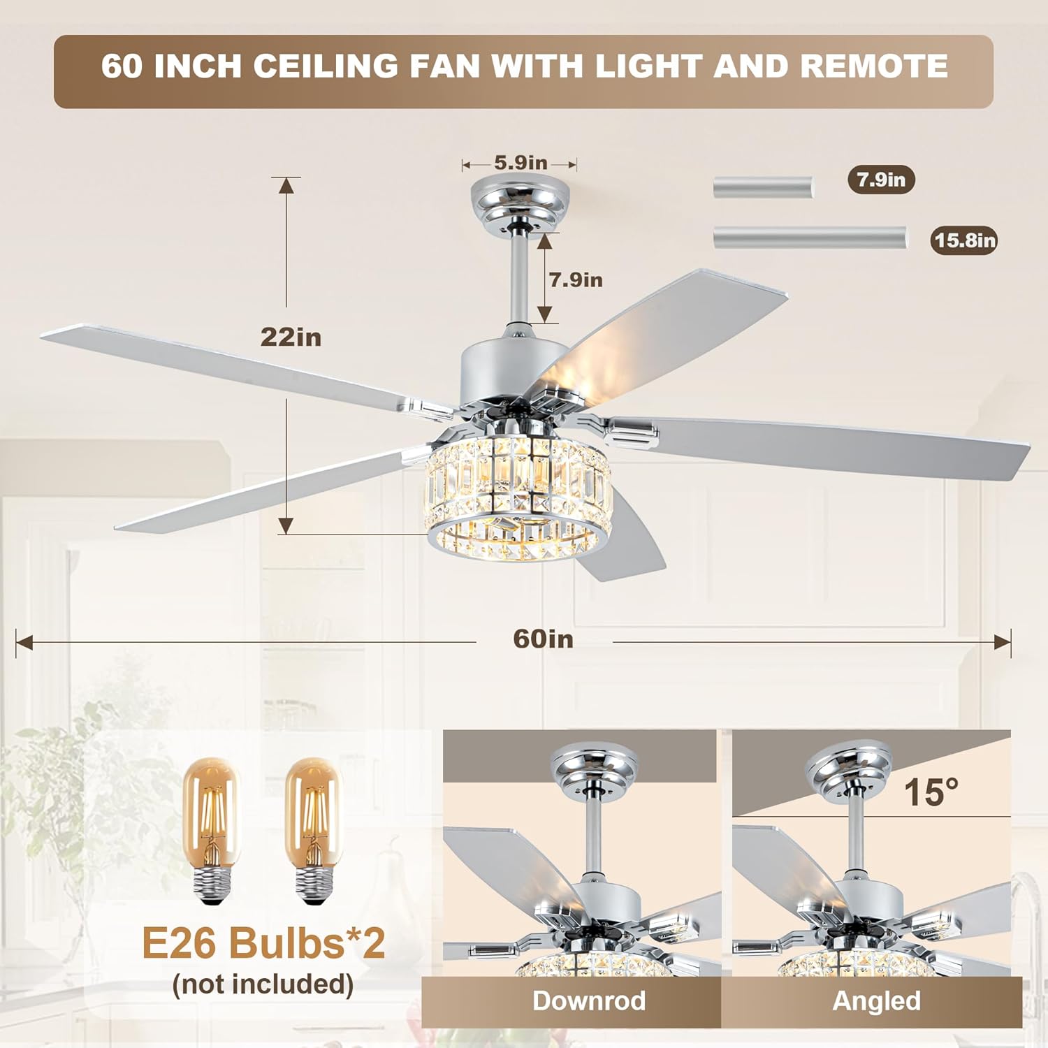 Chandelier Ceiling Fans with Lights and Remote,Caged Ceiling Fan with Light,App 5 Blades E26 Fandelier Ceiling Fans with Lights,Crystal Ceiling Fan for Bedroom,Living Room. (Nickel, 60 Inch)