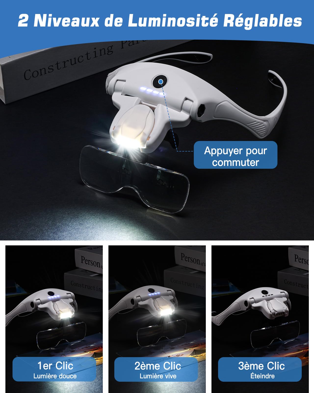 Anpro Lunette Loupe USB Rechargeable LED 4 Lumières Luminosité Réglable 5 Lentilles Détachables 1X-3.5X
