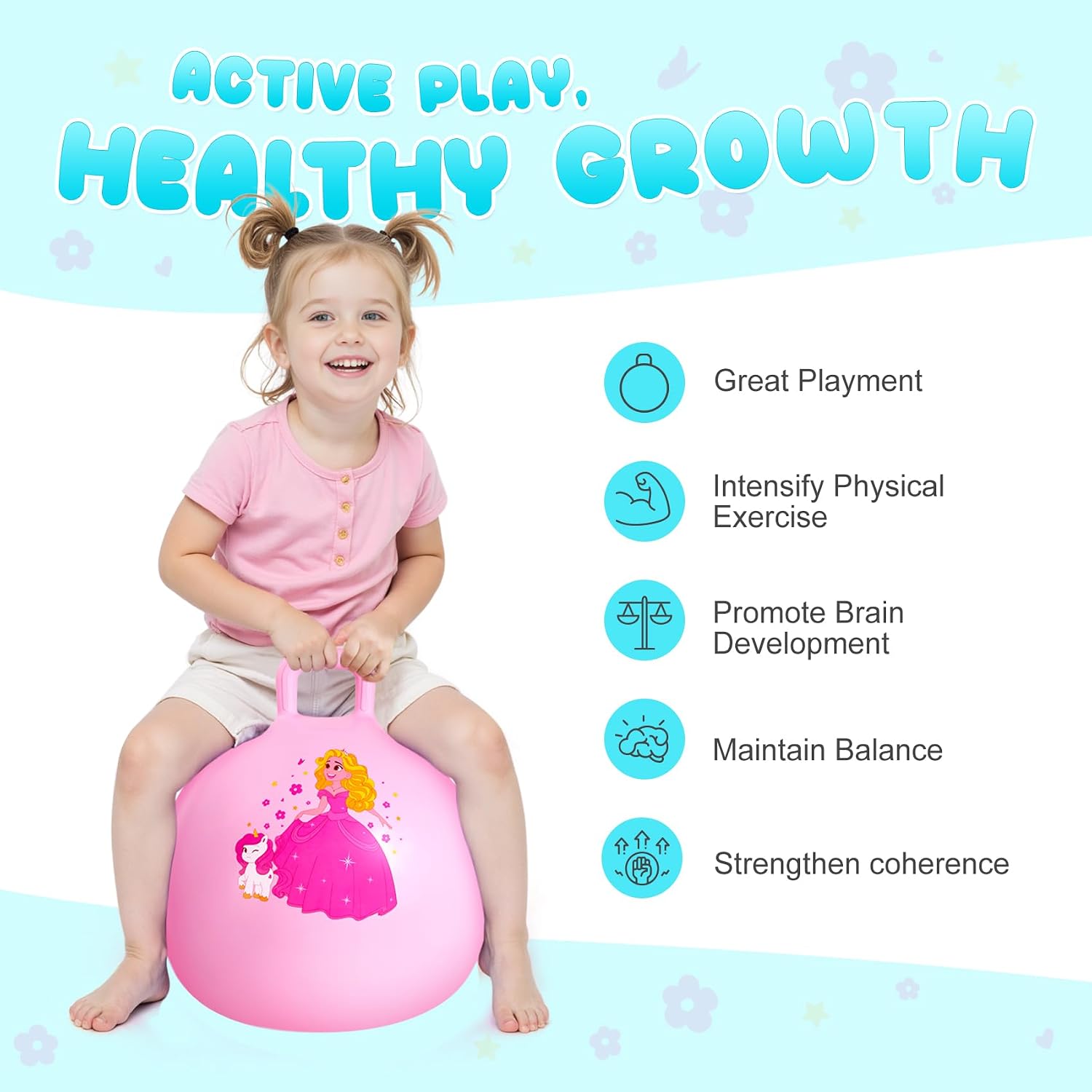 PlayZap Hopper Ball for Kid 3-8,18in Bouncy Ball with Handle, Pink Princess image 3