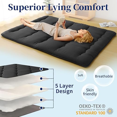 Miniatura 4 de COMFLIVE Colchón de futón japonés, 39 x 78 pulgadas, negro, individual, diseño acolchado plegable